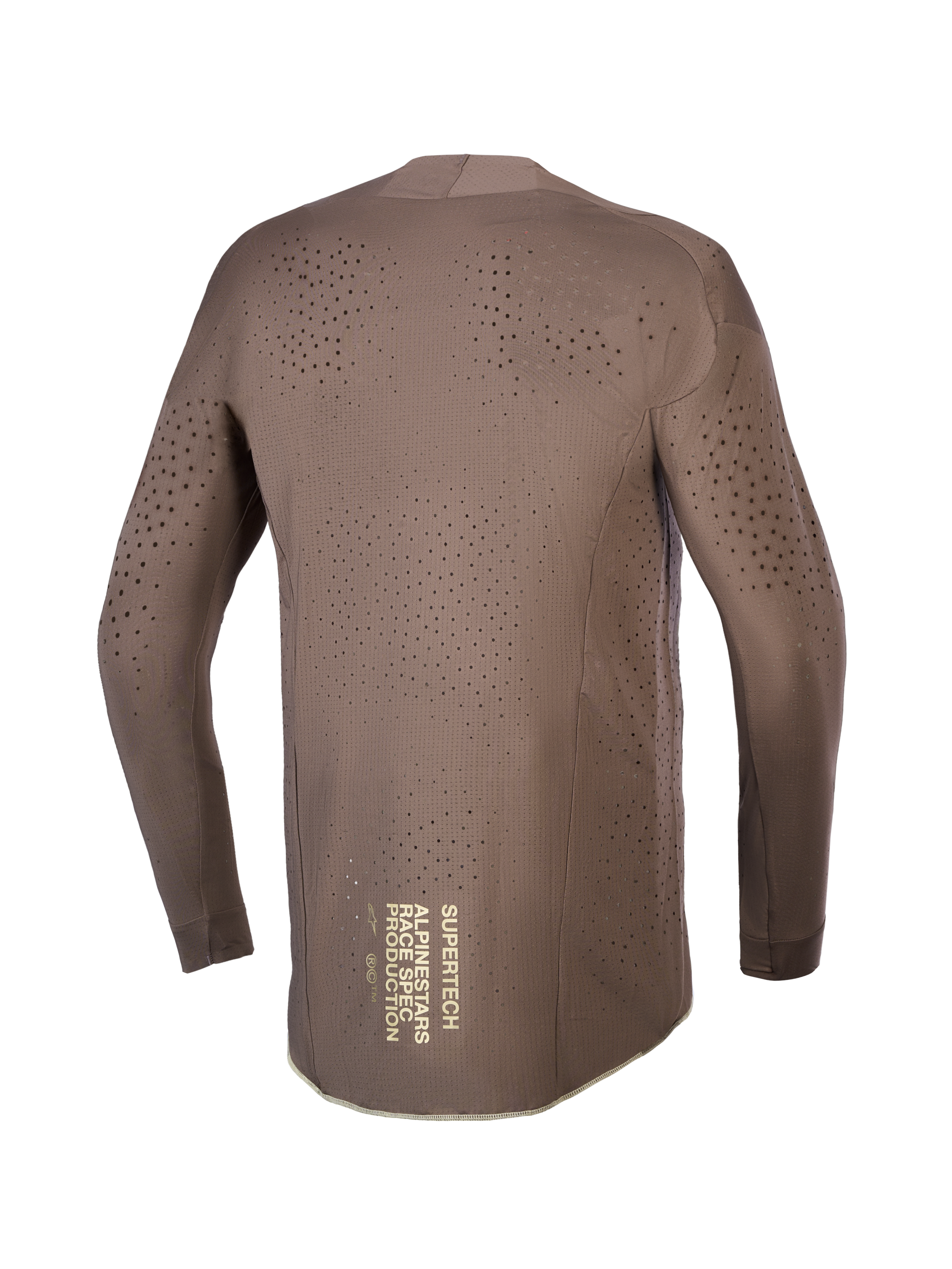 Alpinestars Maglia Supertech Air Gold, maglia da motocross marrone con fori laser e grafica posteriore oro