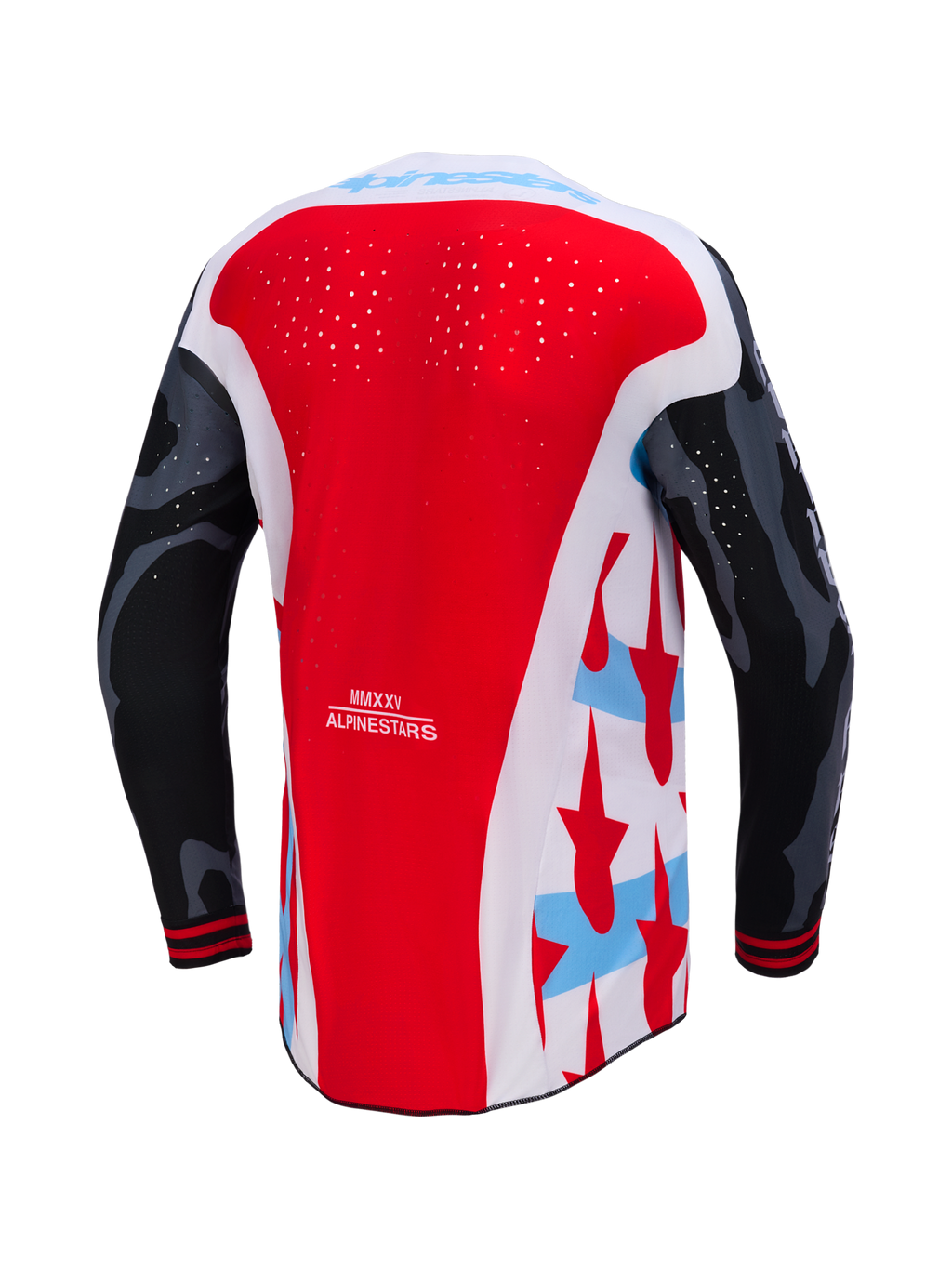 Maglia Techstar Beast Coast Edizione Limitata rossa e bianca, retro traforato e maniche camo, abbigliamento motocross.