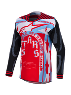 Maglia Techstar Beast Coast Edizione Limitata Alpinestars, grafica rossa e azzurra con fori laser, per il motocross.
