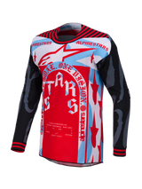 Maglia Techstar Beast Coast Edizione Limitata Alpinestars, grafica rossa e azzurra con fori laser, per il motocross.