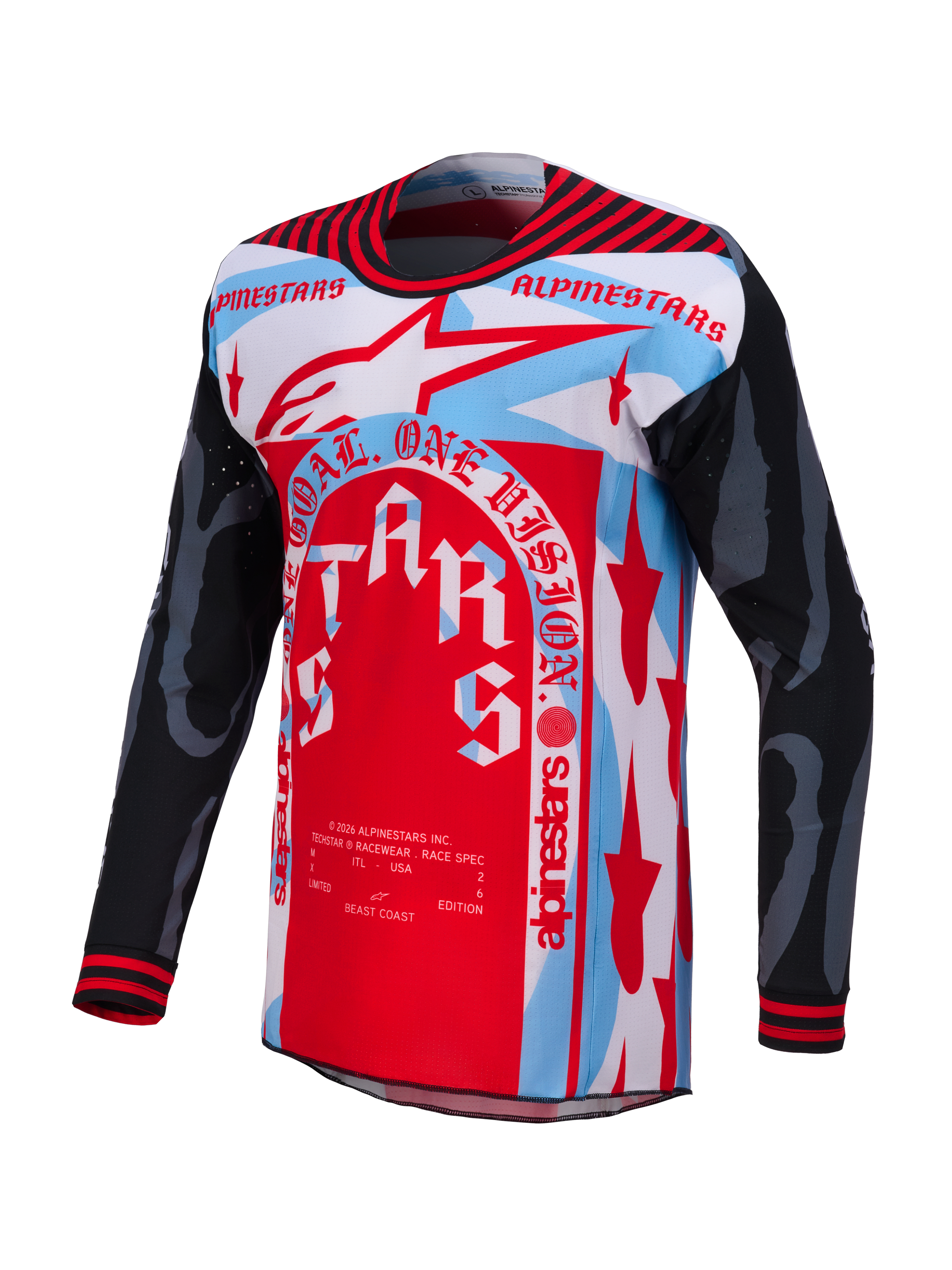 Maglia Techstar Beast Coast Edizione Limitata Alpinestars, grafica rossa e azzurra con fori laser, per il motocross.