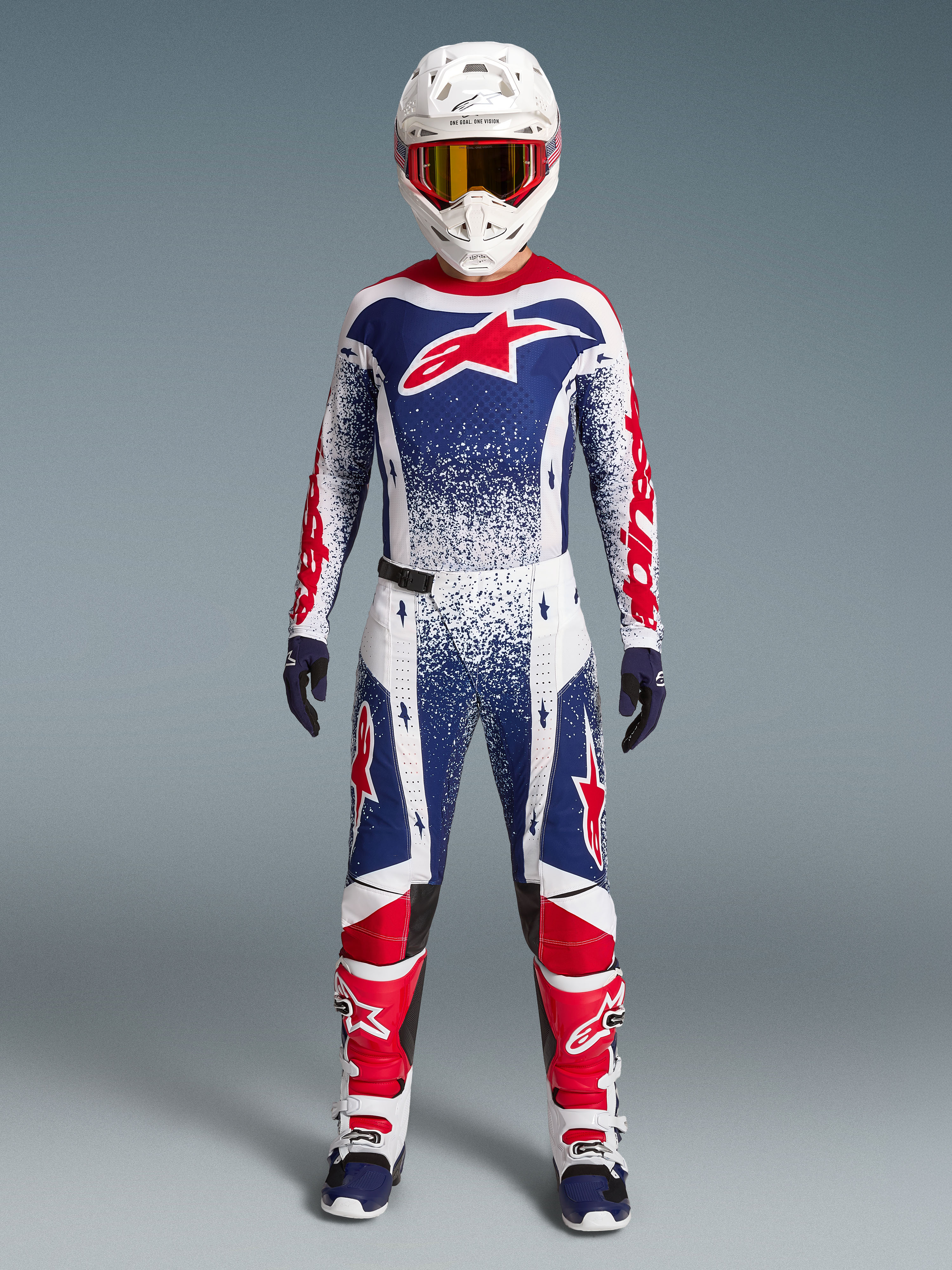Alpinestars completo Techstar Unity edizione limitata, completo da motocross da uomo, bianco, blu e rosso, stile racing.