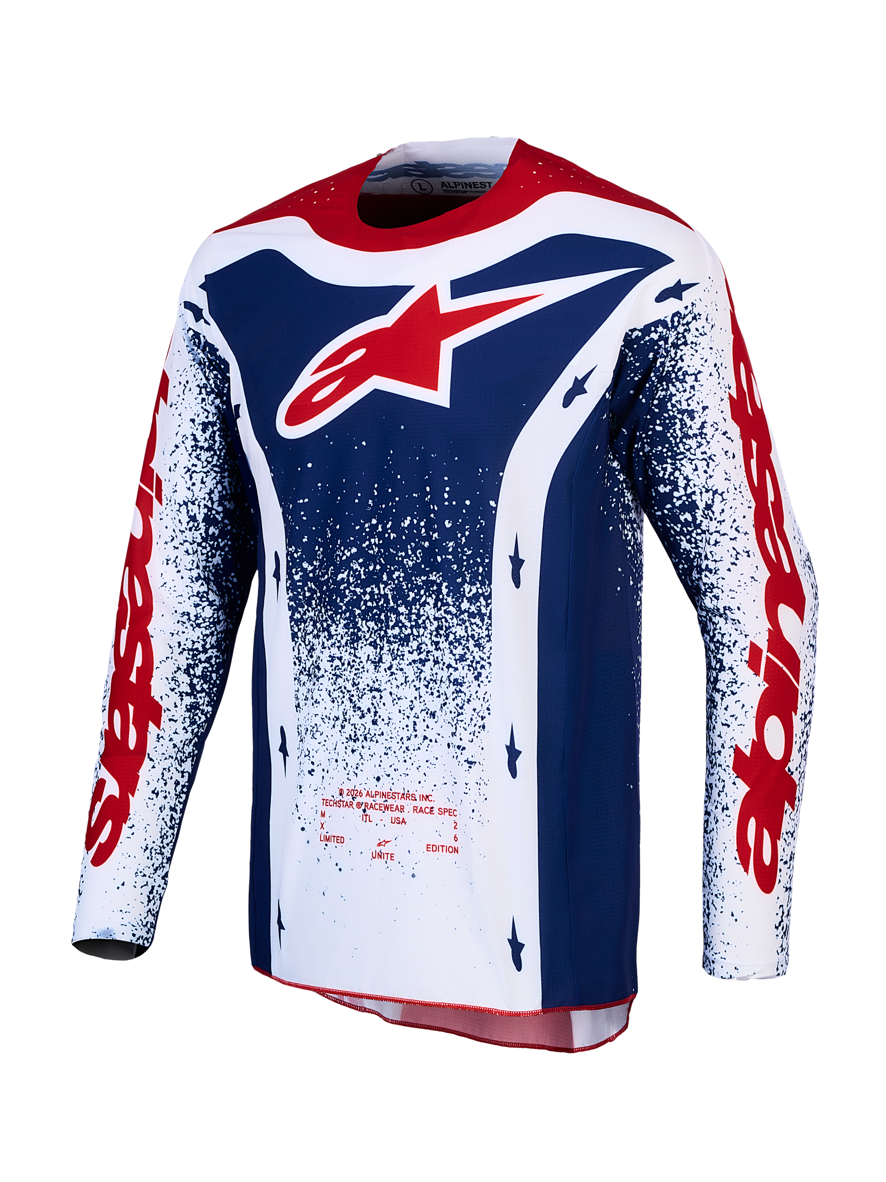 Alpinestars Techstar Unity Maglia, maglia da motocross da uomo in edizione limitata, rosso, bianco e blu, vestibilità racing e materiali traspiranti per gare off-road.