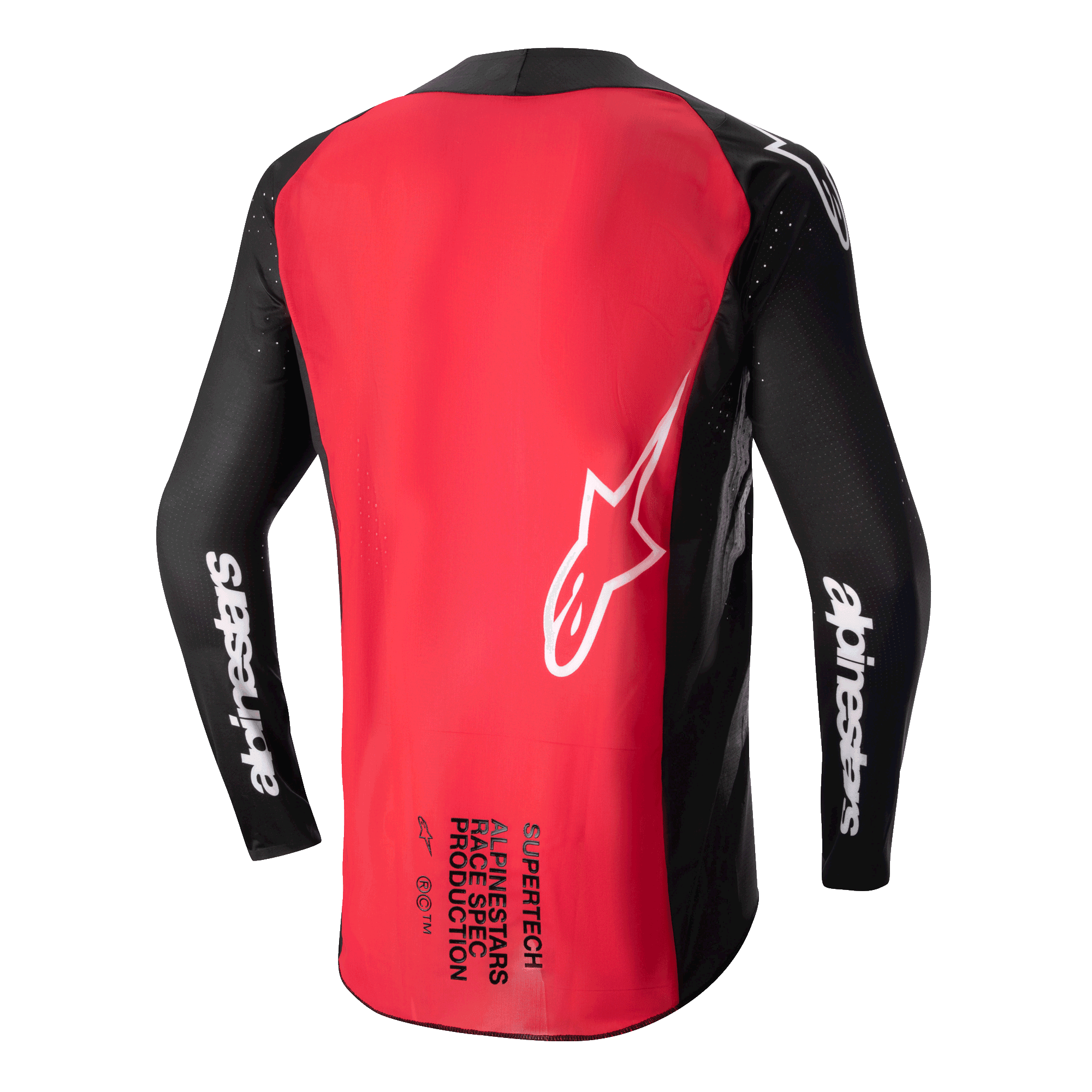 Alpinestars Supertech Ward Jersey 2024, maglia da motocross, nero e rosso berry, vista posteriore con un ampio pannello rosso, maniche in rete nera con marchio Alpinestars bianco, logo a stella bianco e scritta Supertech Race Spec sulla parte inferiore della schiena