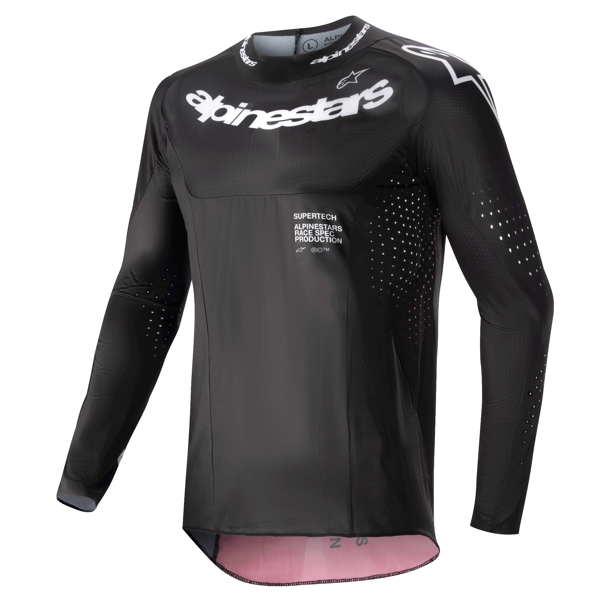 Alpinestars 2024 Supertech Ward Jersey, maglia da motocross, nero e Red Berry, con loghi Alpinestars bianchi sul petto e sul colletto, perforazioni per la ventilazione tagliate al laser su maniche e fianchi, vestibilità race fit ad alte prestazioni e accenti interni color Red Berry.