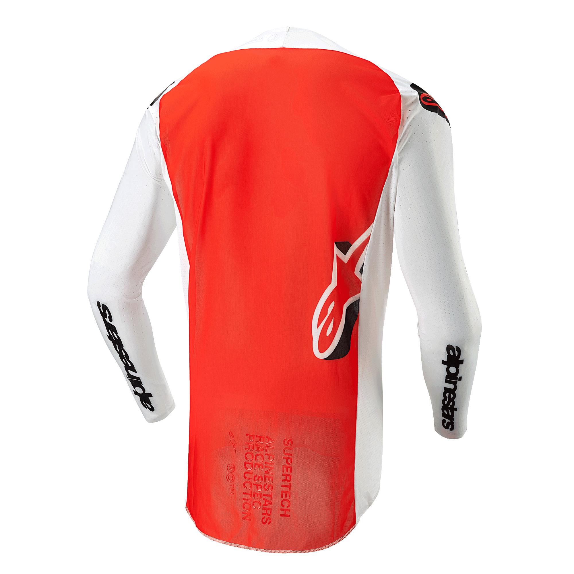 Maglia Alpinestars Supertech Ward 2024, vista posteriore, bianco e arancione vivace, ampio pannello centrale arancione, maniche e pannelli laterali bianchi con branding Alpinestars nero, logo Astar sulla parte bassa della schiena, costruzione in mesh professionale per motocross.