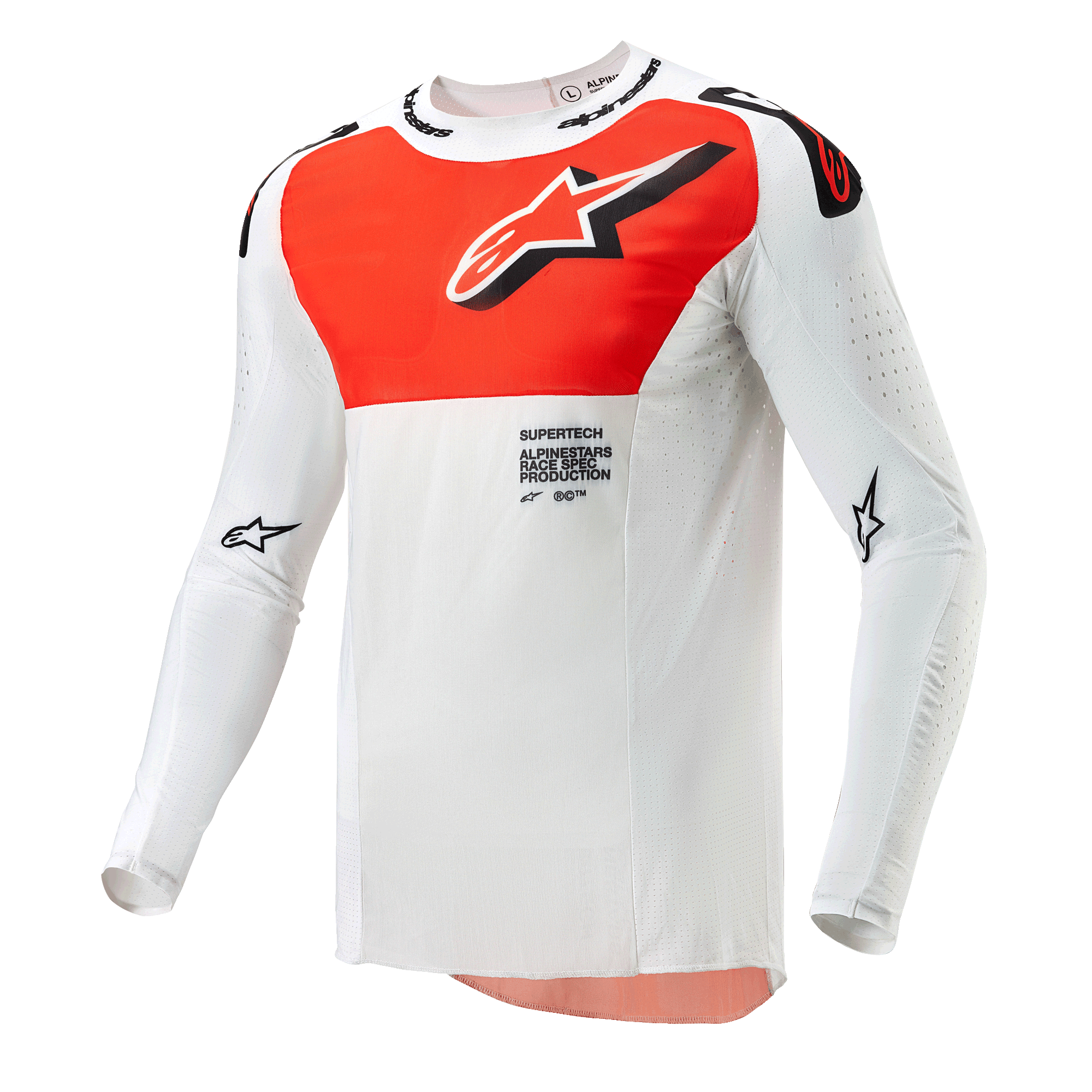 Maglia Alpinestars Supertech Ward 2024, maglia da motocross, bianco e arancione acceso, capo tecnico a maniche lunghe con una grande grafica arancione sul petto, logo a stella e costruzione traforata traspirante per corse fuoristrada