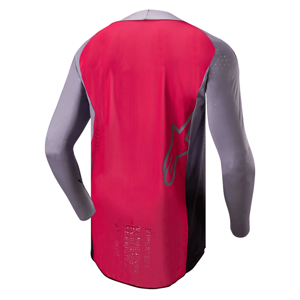 Maglia Alpinestars Supertech Dade 2024, maglia da motocross, rosso berry e grigio, vista posteriore con costruzione in rete traspirante, profilo del logo a stella e branding professionale race-spec