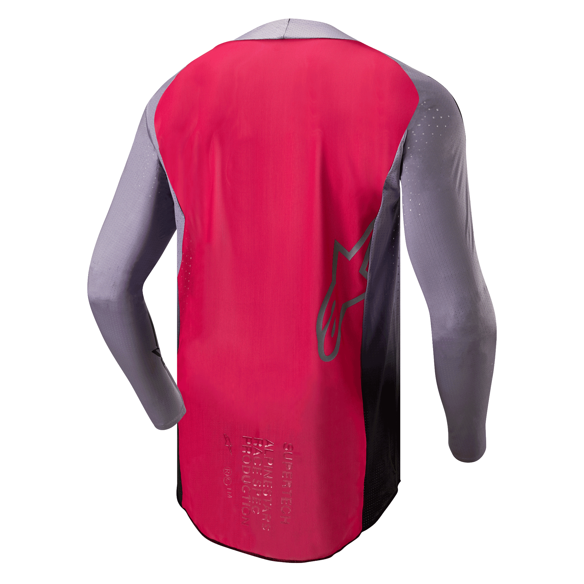 Maglia Alpinestars Supertech Dade 2024, maglia da motocross, rosso berry e grigio, vista posteriore con costruzione in rete traspirante, profilo del logo a stella e branding professionale race-spec