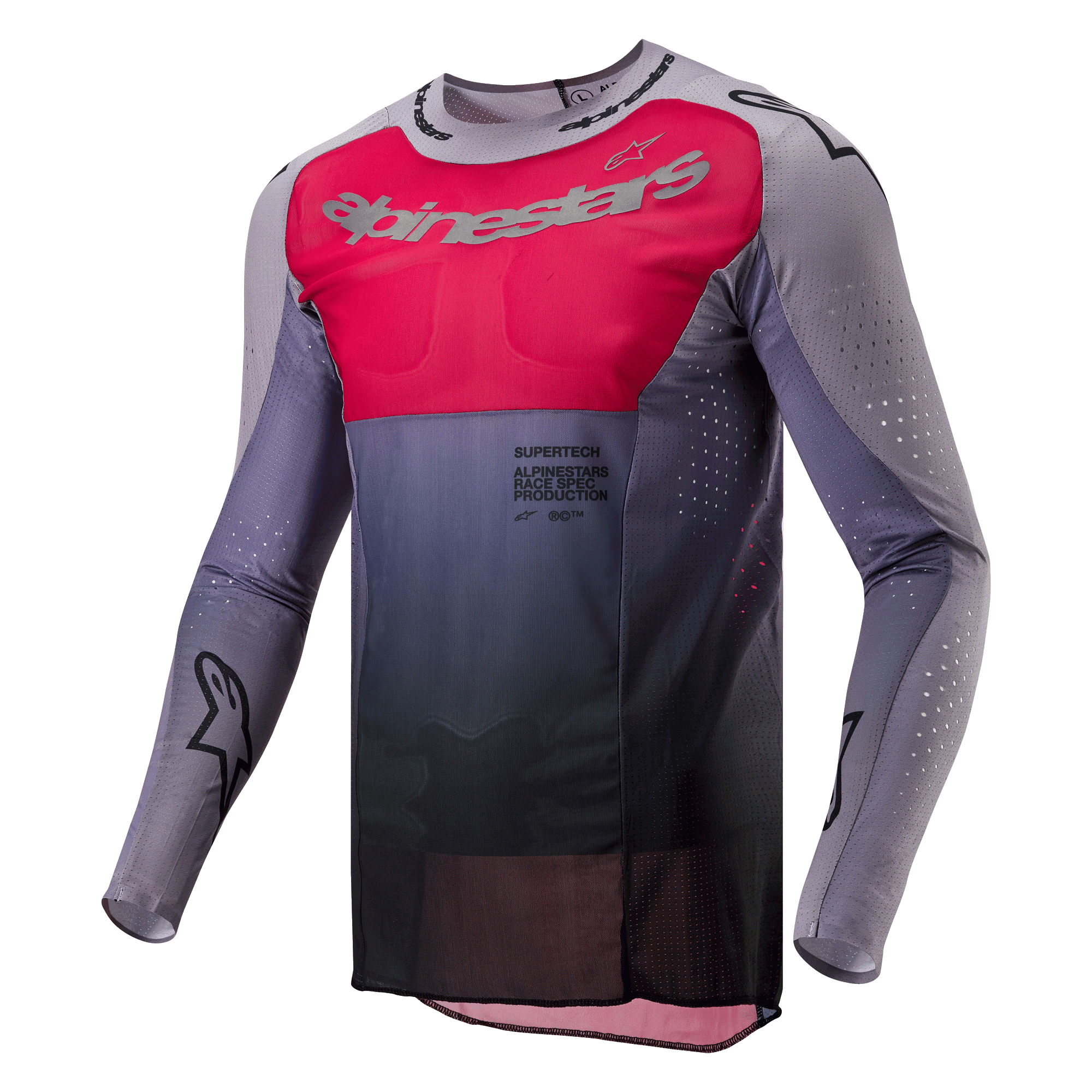 Alpinestars 2024 Supertech Dade Jersey, maglia da motocross, Iron Red Berry e grigio, con un vivace pannello rosso sul petto e logo argento, sfumatura grigio scuro in vita, perforazioni tagliate al laser su maniche e fianchi e design con vestibilità atletica da gara.