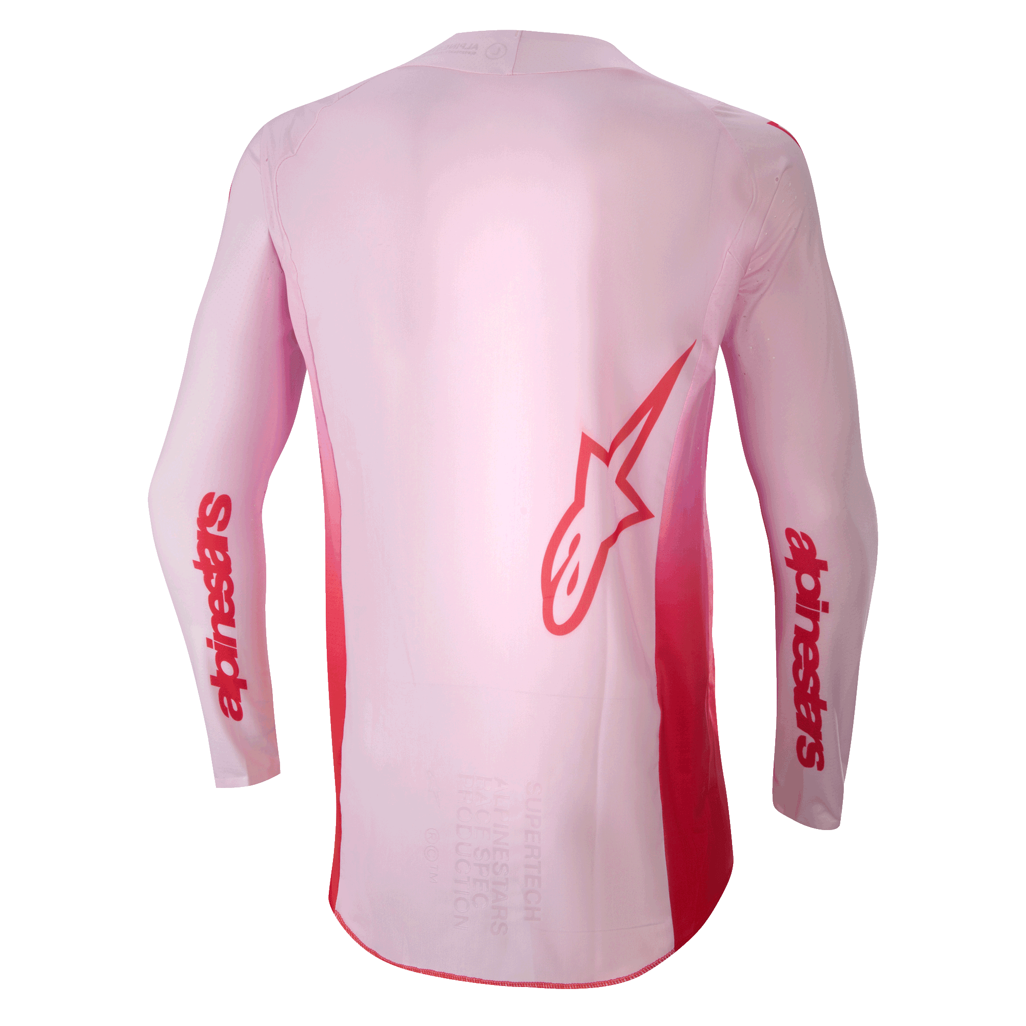 Alpinestars Maglia Supertech Dade 2024, maglia da motocross, Red Berry Lilac, vista posteriore con grande logo Astar rosso sul retro e marchio Alpinestars rosso sulle maniche, struttura in mesh elasticizzato leggero con pannello posteriore allungato per prestazioni off-road