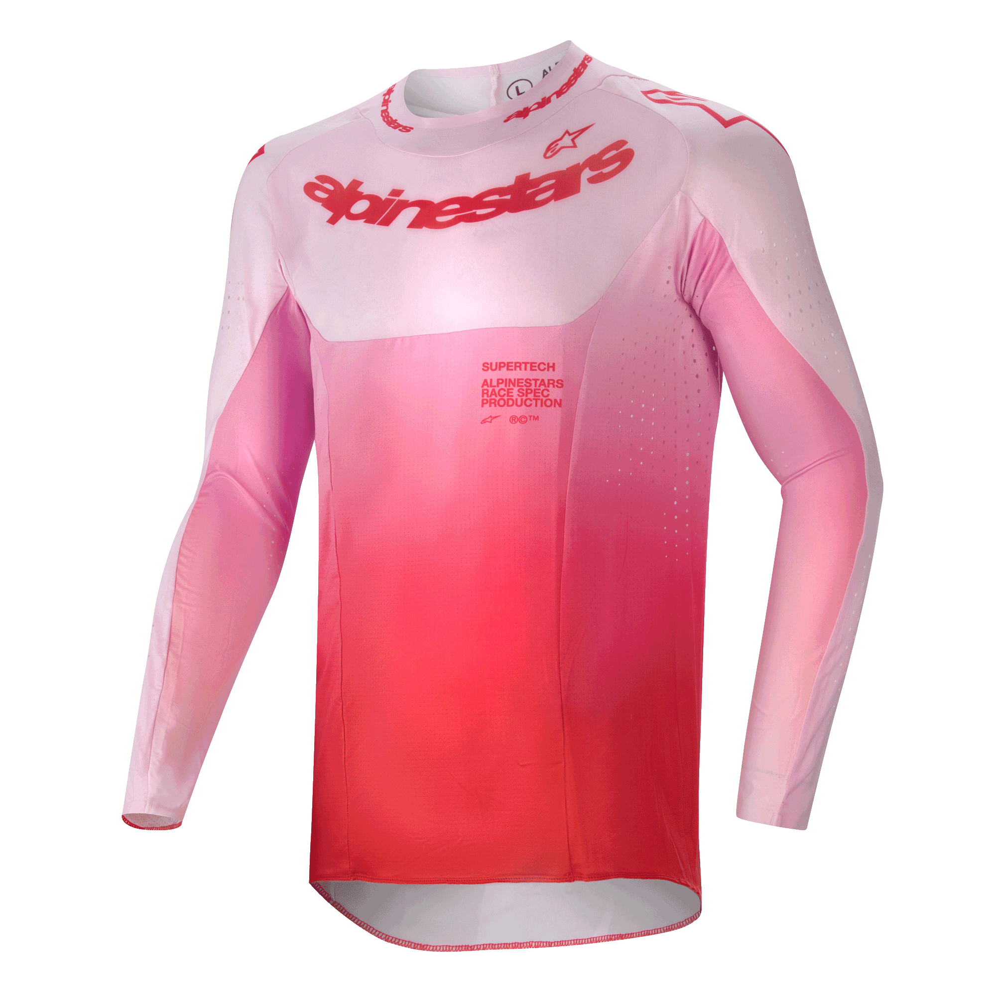 Alpinestars Maglia Supertech Dade 2024, maglia da motocross, Red Berry Lilac con sfumatura dal rosa al rosso, vestibilità atletica a maniche lunghe con fori di ventilazione tagliati al laser e logo sul petto, abbigliamento tecnico per fuoristrada