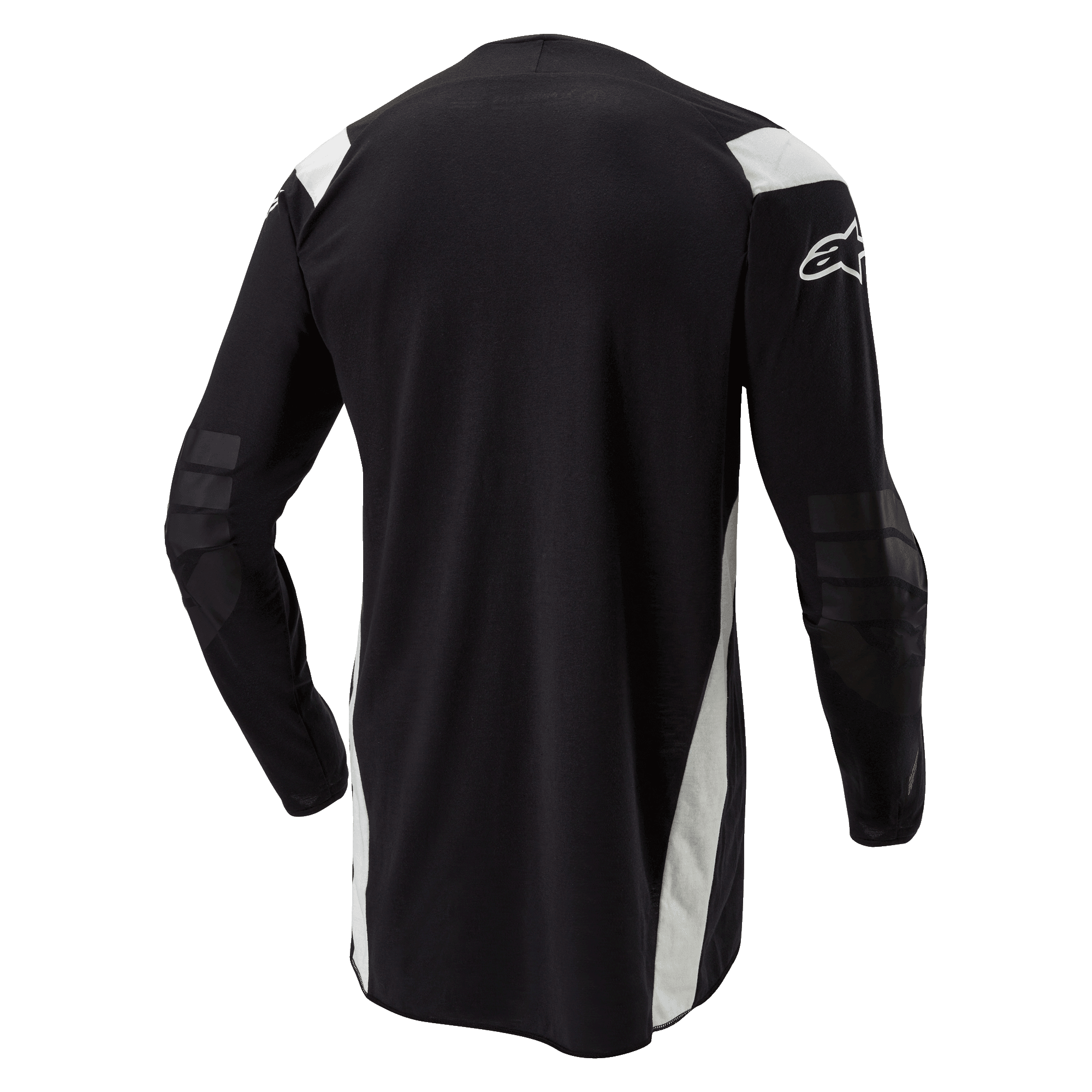 Alpinestars Techdura Jersey, maglia da motocross ed enduro, nera con accenti bianchi, vista posteriore con retro allungato, gomiti rinforzati e logo Alpinestars bianco sulla manica, abbigliamento resistente per la guida off-road.