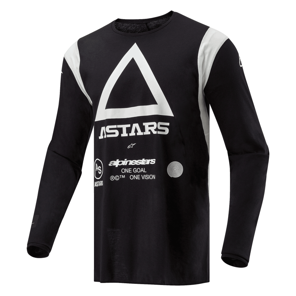 Maglia Alpinestars Techdura, maglia da motocross ed enduro, nero, con grande triangolo bianco e logo ASTARS, pannelli sulle spalle bianchi, maniche lunghe, in tessuto poly-fabric resistente per la guida fuoristrada