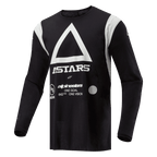 Maglia Alpinestars Techdura, maglia da motocross ed enduro, nero, con grande triangolo bianco e logo ASTARS, pannelli sulle spalle bianchi, maniche lunghe, in tessuto poly-fabric resistente per la guida fuoristrada