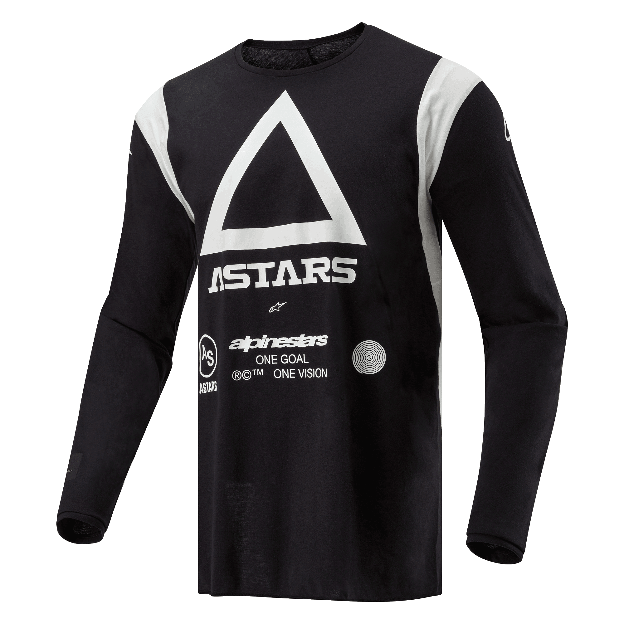 Maglia Alpinestars Techdura, maglia da motocross ed enduro, nero, con grande triangolo bianco e logo ASTARS, pannelli sulle spalle bianchi, maniche lunghe, in tessuto poly-fabric resistente per la guida fuoristrada