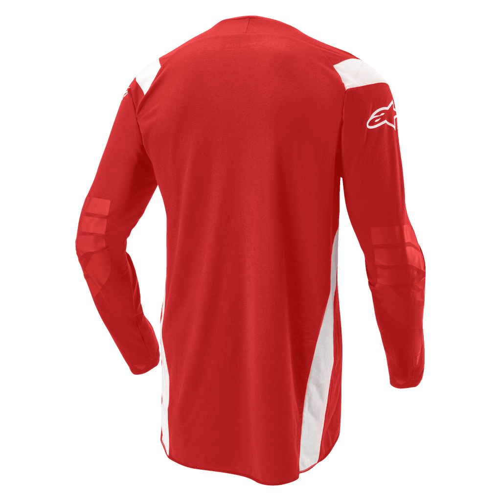 Alpinestars Techdura Jersey, maglia da motocross ed enduro, rosso vivace con pannelli bianchi, vista posteriore con retro allungato e gomiti rinforzati, logo Alpinestars bianco sulla manica, equipaggiamento resistente per performance fuoristrada