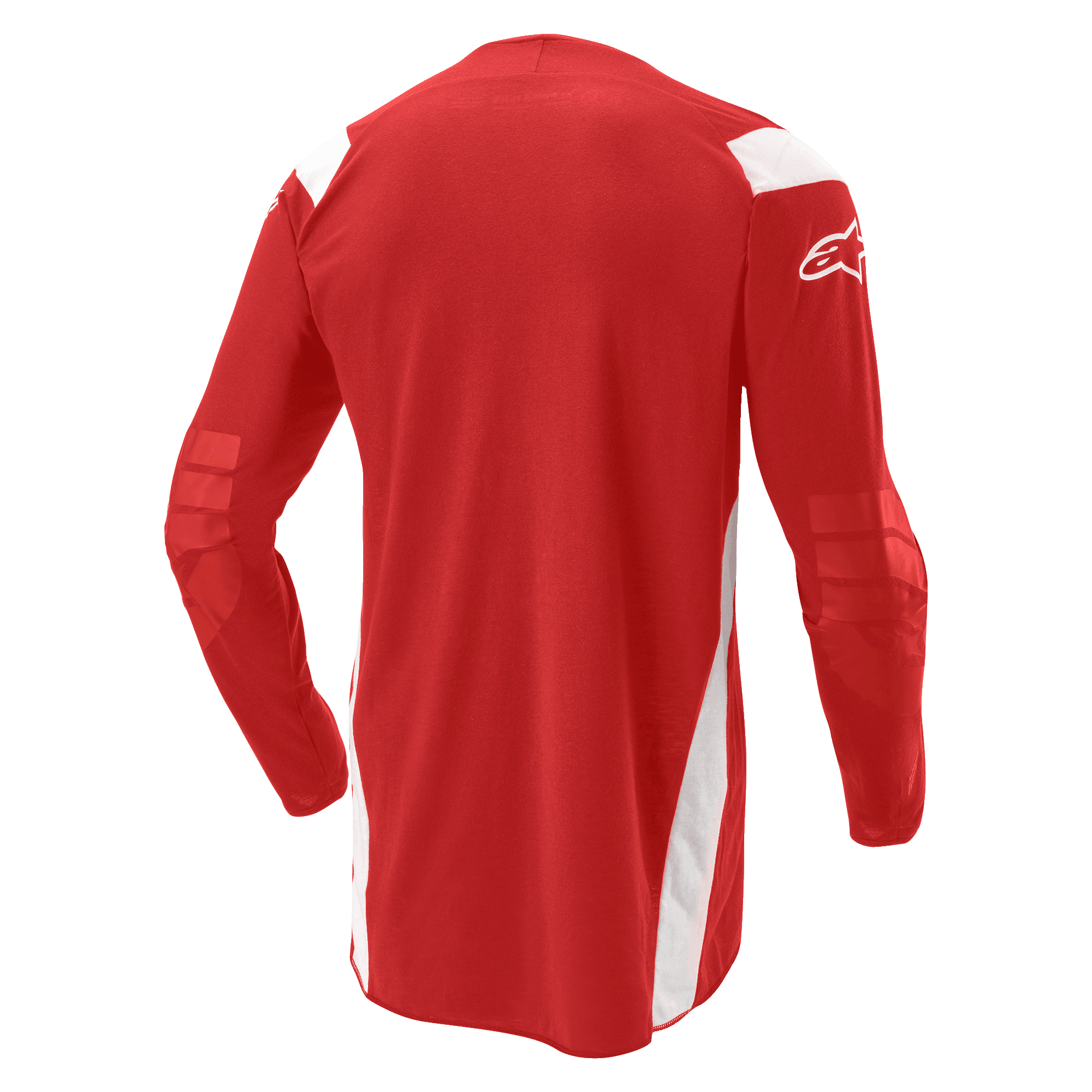Alpinestars Techdura Jersey, maglia da motocross ed enduro, rosso vivace con pannelli bianchi, vista posteriore con retro allungato e gomiti rinforzati, logo Alpinestars bianco sulla manica, equipaggiamento resistente per performance fuoristrada