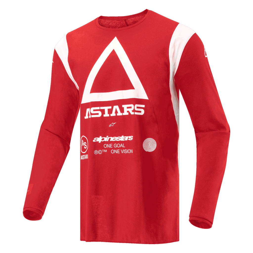 Alpinestars Maglia Techdura, maglia da motocross ed enduro, rosso vivo, con triangolo bianco e marchio ASTARS sul petto, in tessuto poly-fabric a maniche lunghe traspirante per la guida fuoristrada