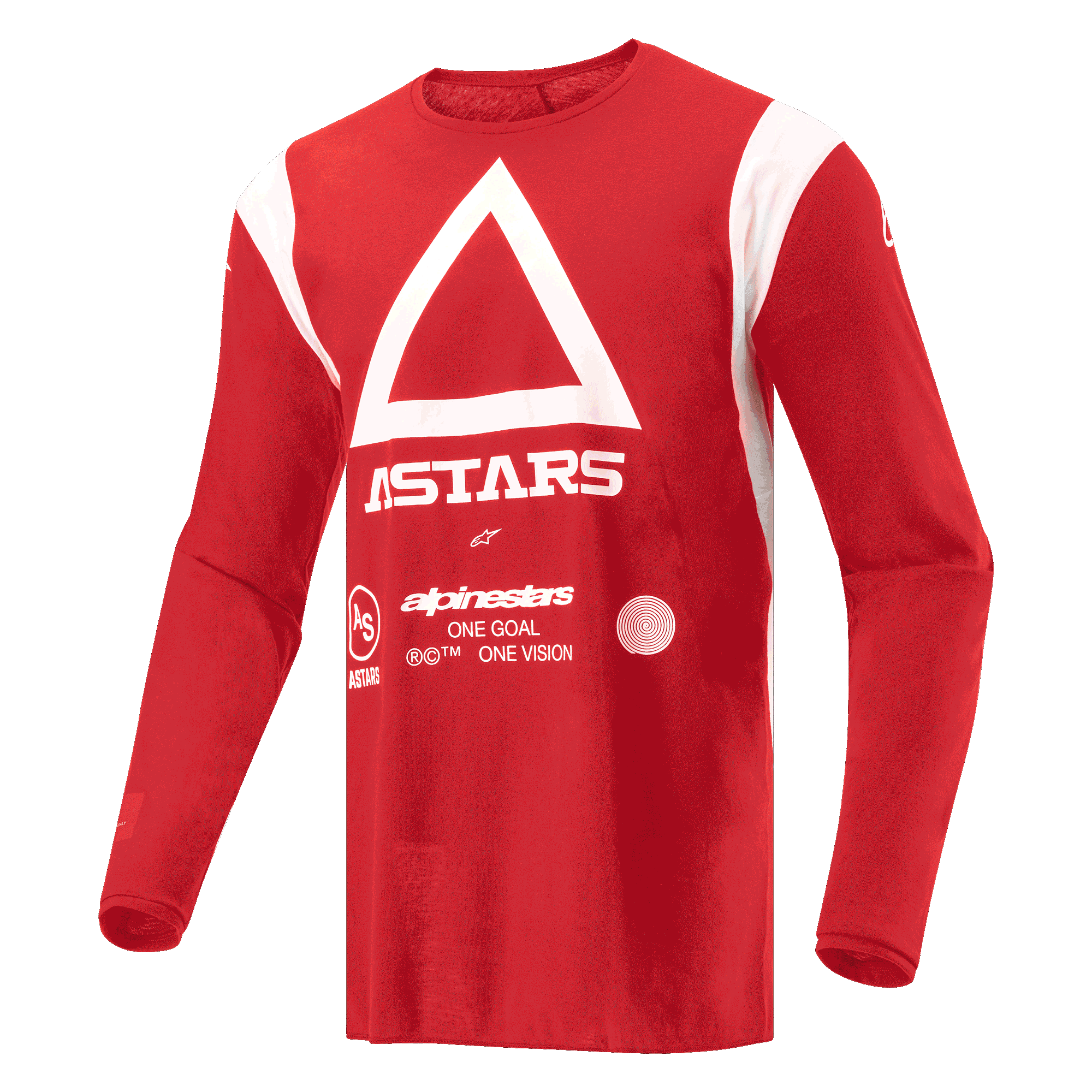 Alpinestars Maglia Techdura, maglia da motocross ed enduro, rosso vivo, con triangolo bianco e marchio ASTARS sul petto, in tessuto poly-fabric a maniche lunghe traspirante per la guida fuoristrada