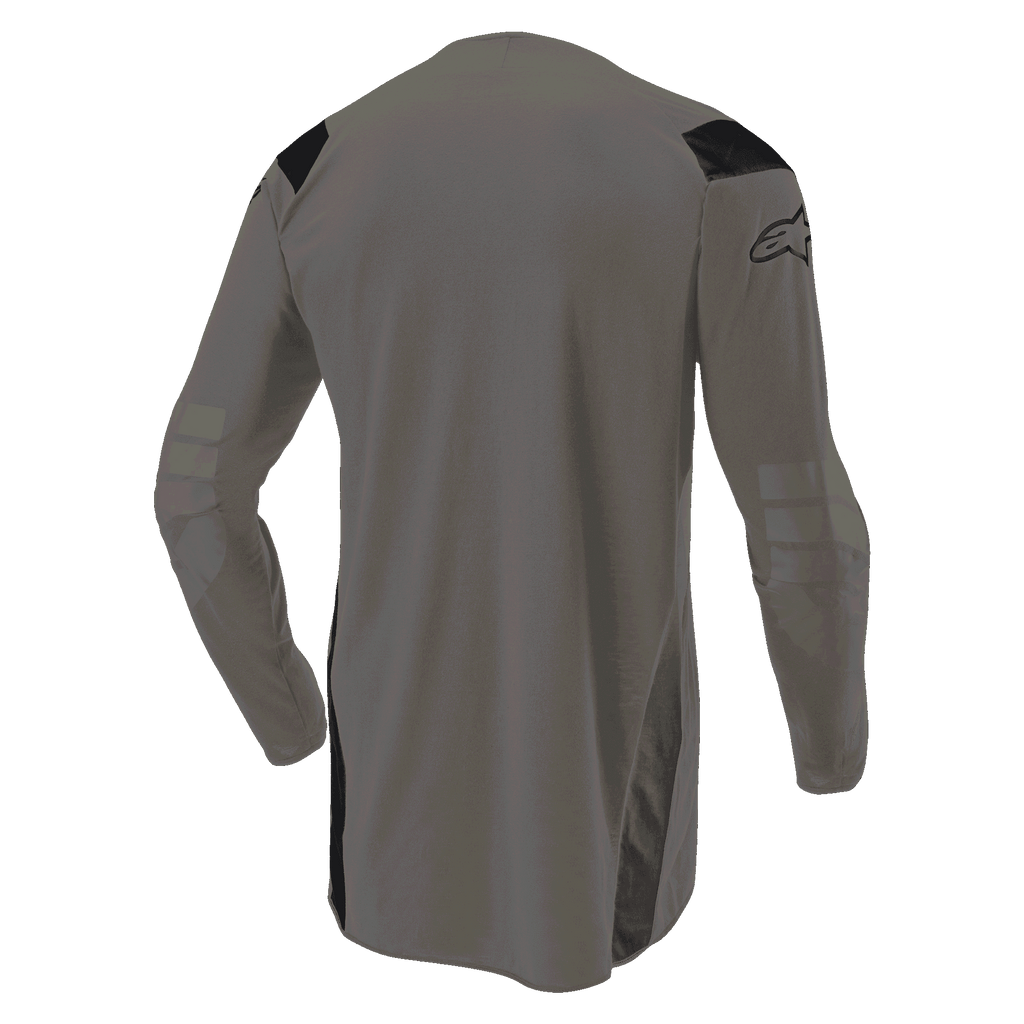 Alpinestars Techdura Jersey, maglia da motocross Falcon Brown, vista posteriore con retro allungato per maggiore copertura, maniche lunghe con gomiti rinforzati, pannelli neri sulle spalle e logo sulla manica, abbigliamento resistente per fuoristrada