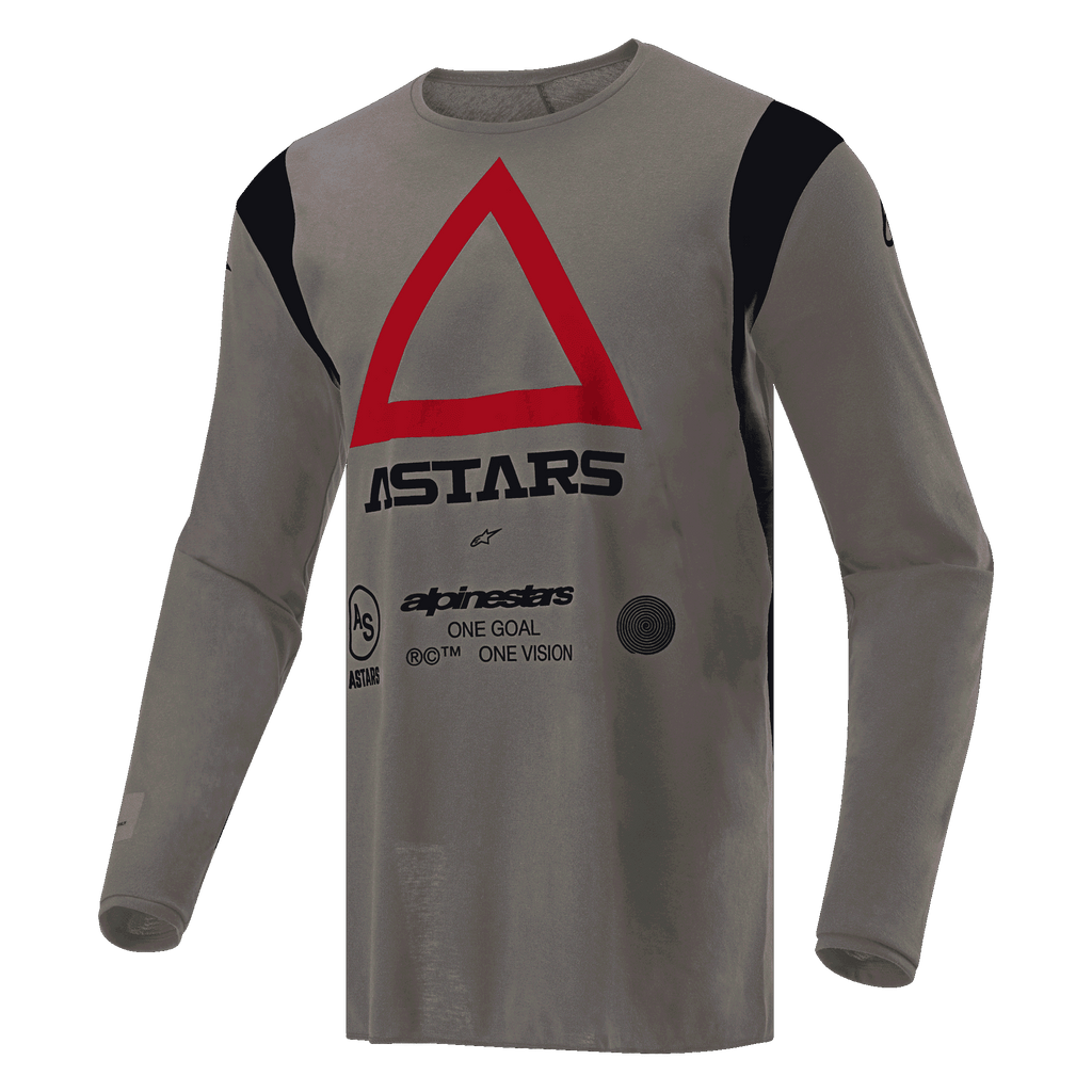 Alpinestars Techdura Jersey, maglia da motocross ed enduro, marrone Falcon, caratterizzata da un grande triangolo rosso sul petto con marchio ASTARS nero, dettagli neri sulle spalle, in tessuto tecnico resistente per prestazioni fuoristrada