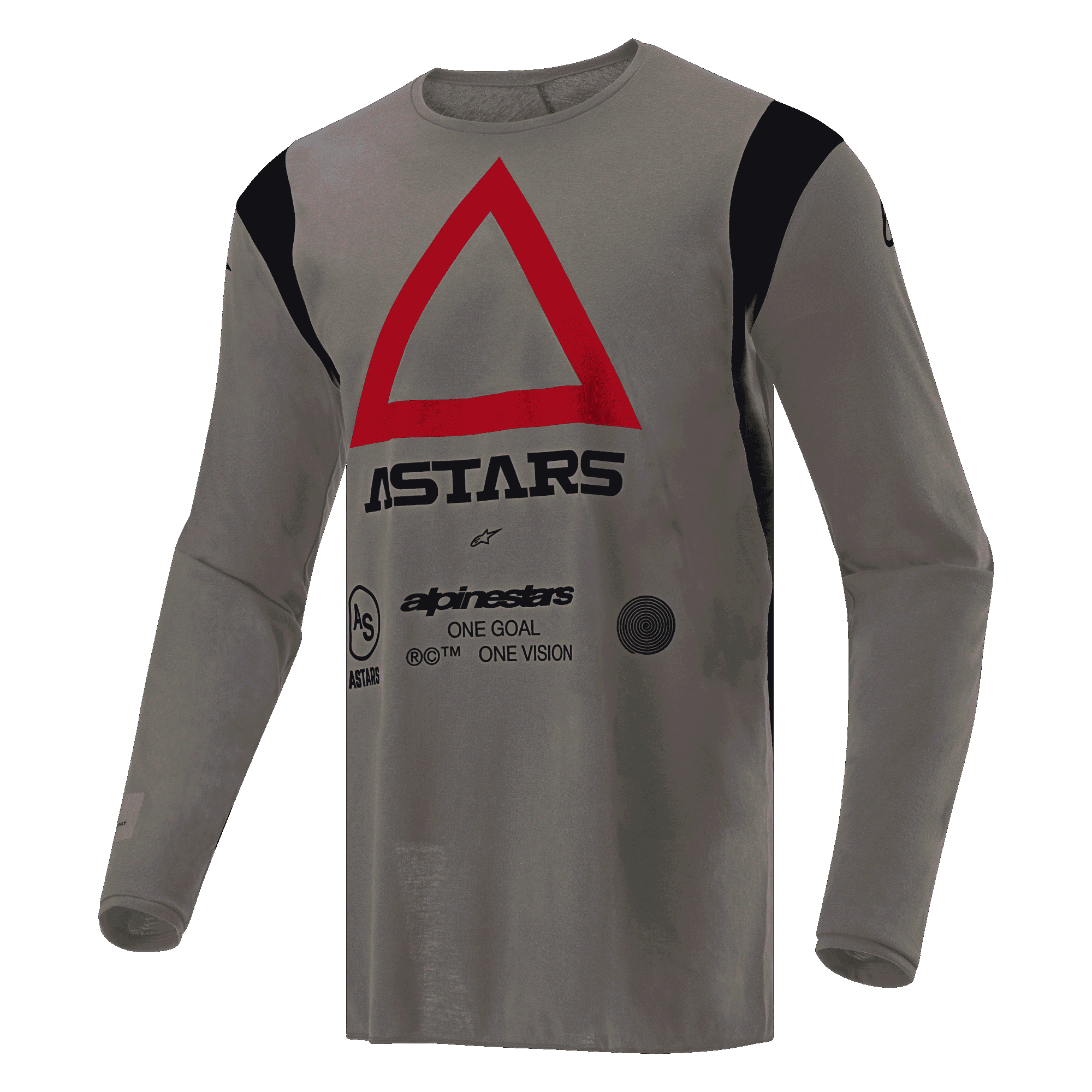 Alpinestars Techdura Jersey, maglia da motocross ed enduro, marrone Falcon, caratterizzata da un grande triangolo rosso sul petto con marchio ASTARS nero, dettagli neri sulle spalle, in tessuto tecnico resistente per prestazioni fuoristrada