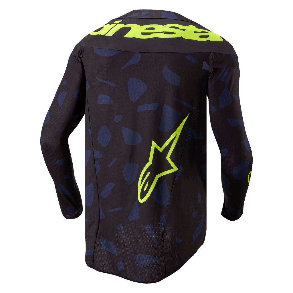 Maglia Alpinestars Techstar Rantera 2024, maglia da motocross, nero, blu navy e giallo fluo, vista posteriore, con motivo geometrico blu navy su base nera, vistosa scritta Alpinestars giallo fluo sulle spalle e grande logo a stella sulla parte inferiore della schiena, abbigliamento tecnico a maniche lunghe per competizioni fuoristrada