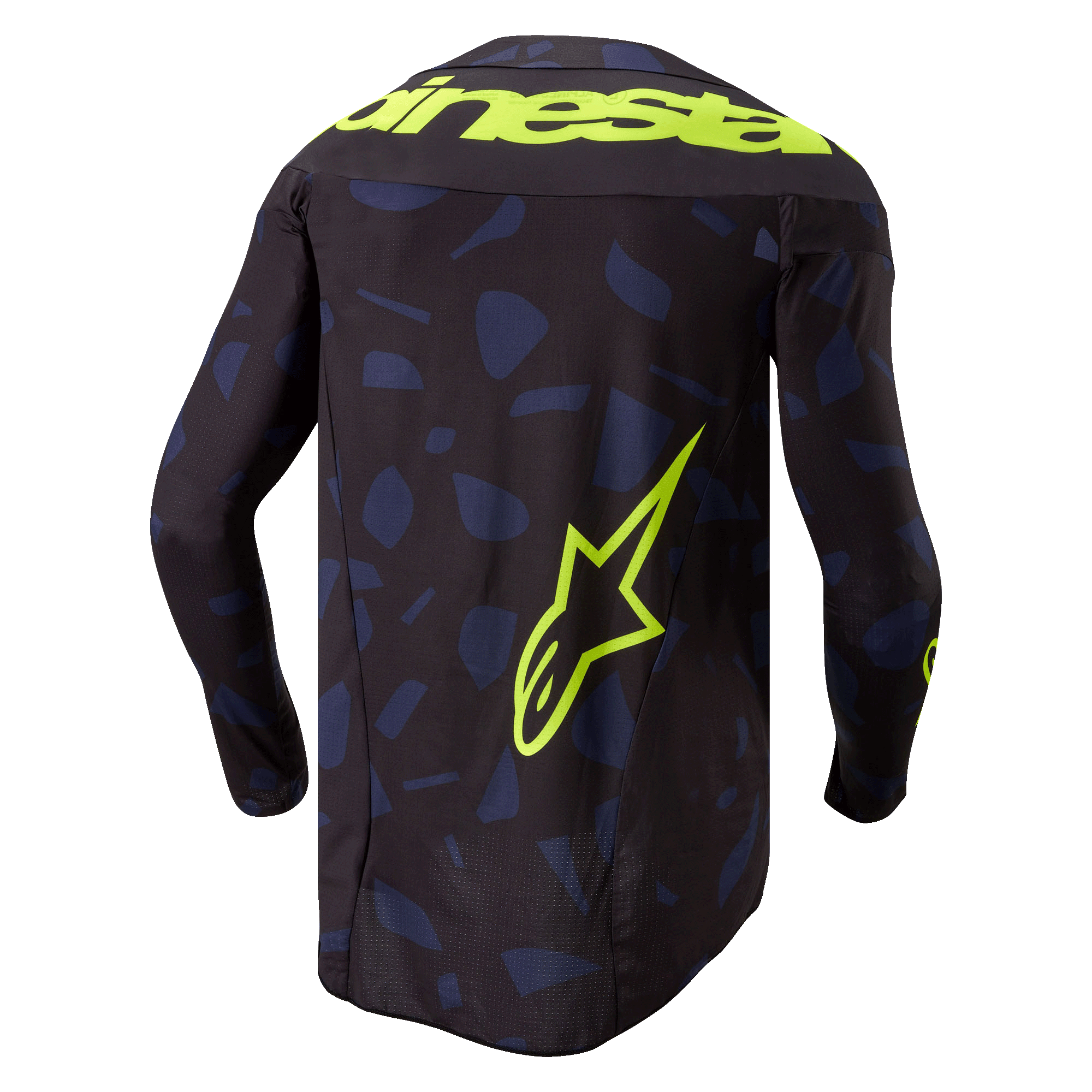 Maglia Alpinestars Techstar Rantera 2024, maglia da motocross, nero, blu navy e giallo fluo, vista posteriore, con motivo geometrico blu navy su base nera, vistosa scritta Alpinestars giallo fluo sulle spalle e grande logo a stella sulla parte inferiore della schiena, abbigliamento tecnico a maniche lunghe per competizioni fuoristrada