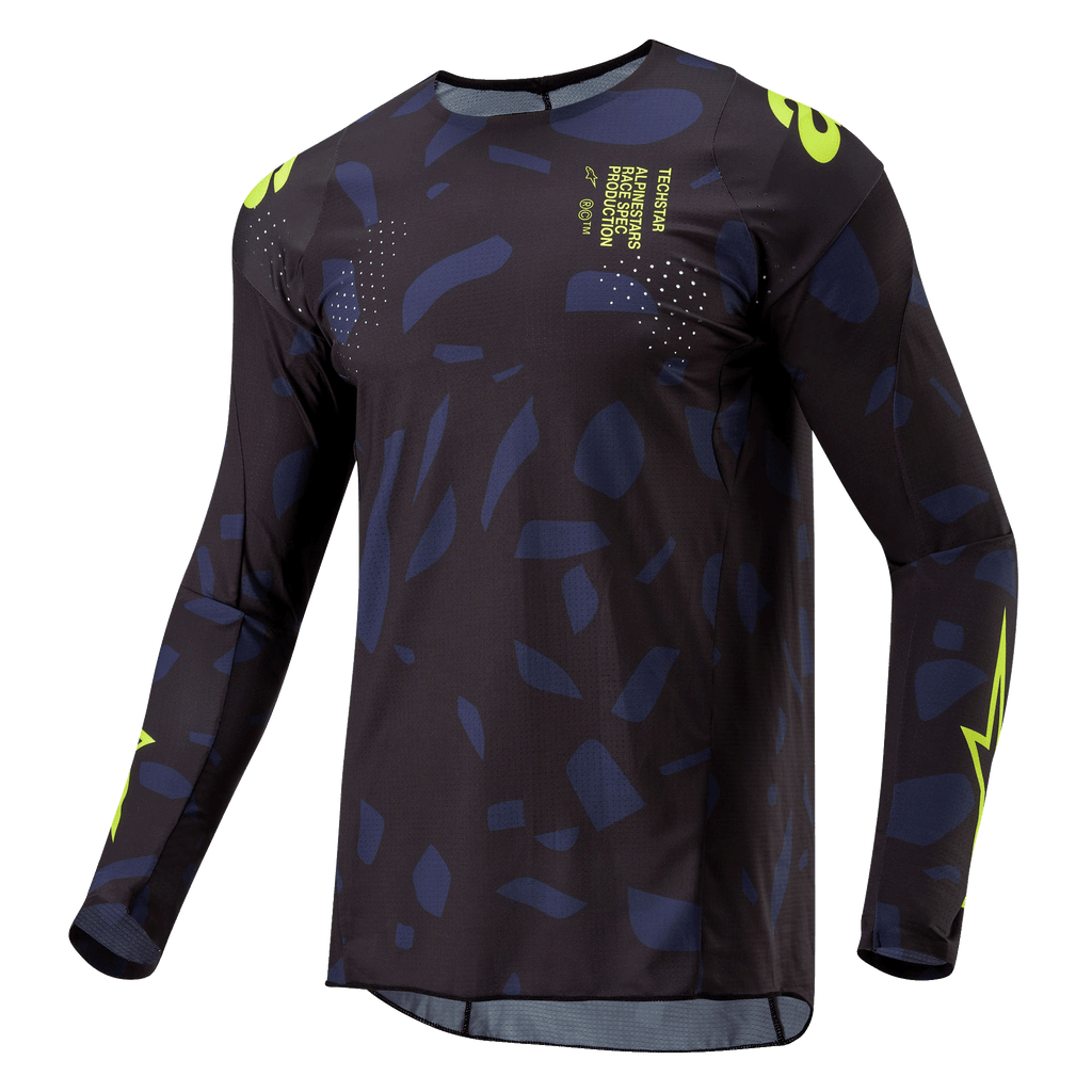 Alpinestars Maglia Techstar Rantera 2024, maglia da motocross, nero, blu navy e giallo fluo, vestibilità atletica a maniche lunghe con motivo astratto, logo e scritte in giallo fluo, progettata per prestazioni fuoristrada