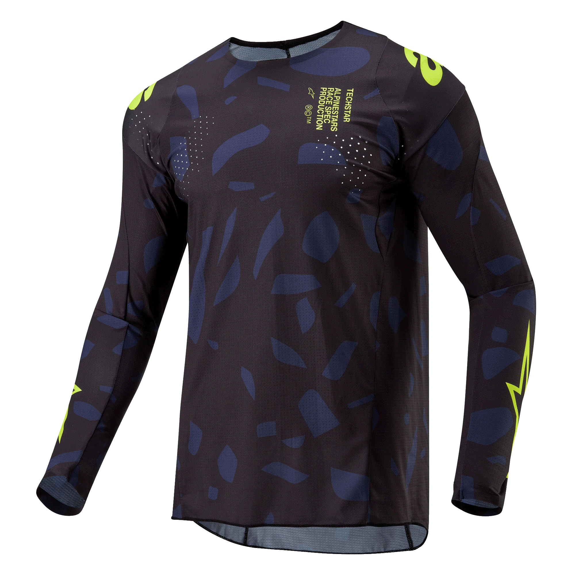 Alpinestars Maglia Techstar Rantera 2024, maglia da motocross, nero, blu navy e giallo fluo, vestibilità atletica a maniche lunghe con motivo astratto, logo e scritte in giallo fluo, progettata per prestazioni fuoristrada