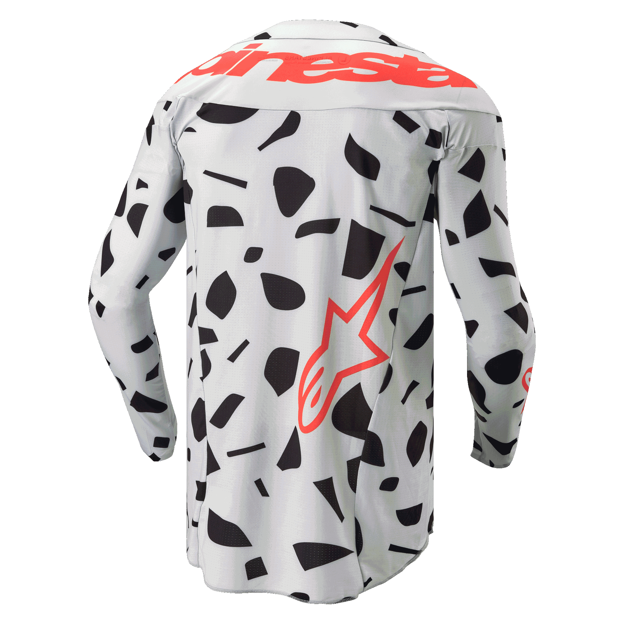 Alpinestars 2024 Techstar Rantera Jersey, vista posteriore, maglia da motocross a maniche lunghe, Haze Gray Camo con motivi astratti neri, caratterizzata da un grande marchio Alpinestars rosso sulle spalle e un logo a stella rossa sul lato inferiore, progettata per prestazioni fuoristrada