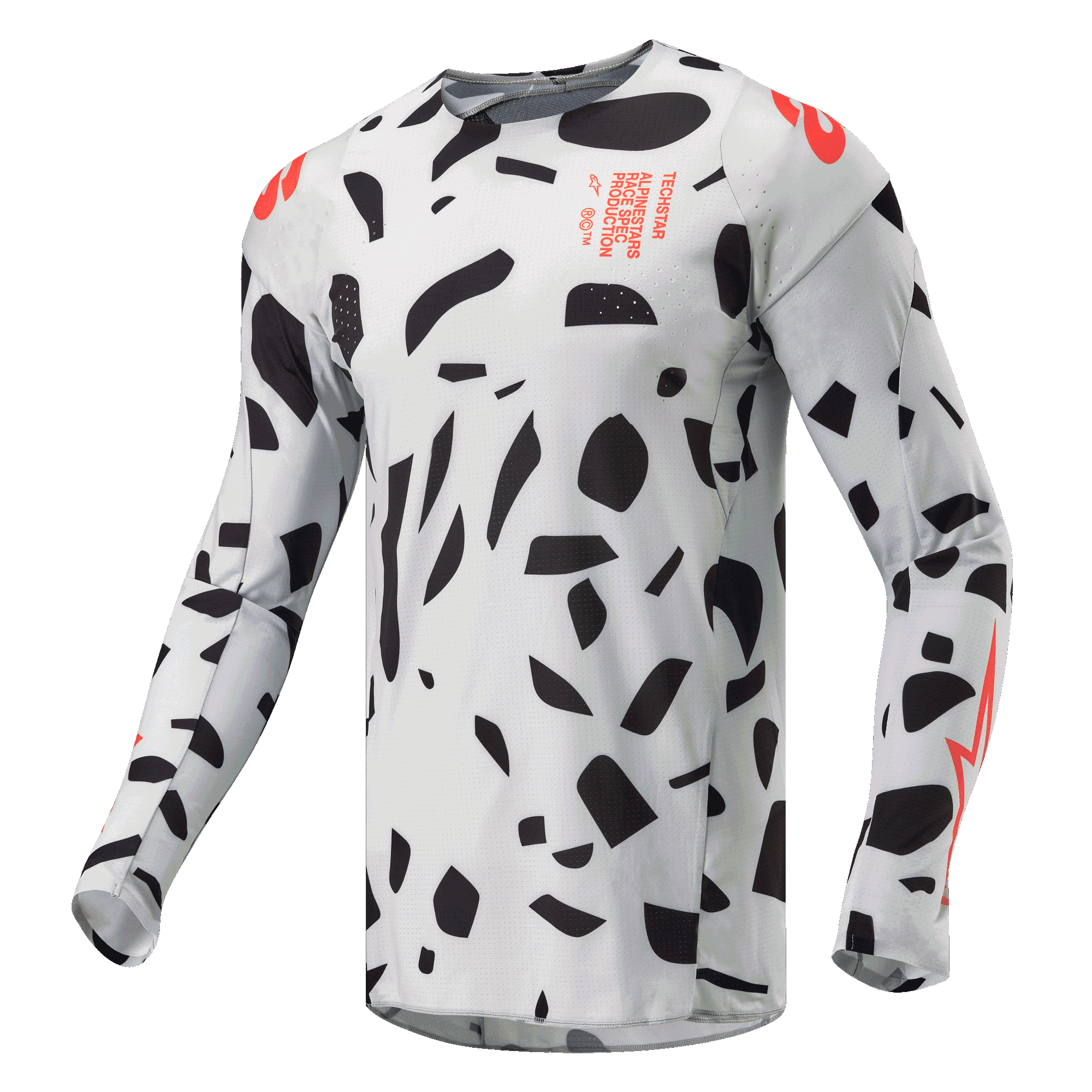 Alpinestars Maglia Techstar Rantera 2024, maglia da motocross, camouflage grigio con forme astratte nere e accenti arancioni, maniche lunghe, abbigliamento tecnico da gara fuoristrada