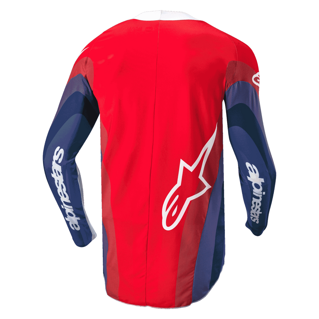 Alpinestars 2024 Techstar Pneuma Jersey, maglia da motocross, rosso, blu e bianco, vista posteriore con grafiche ondulate sulle maniche, scritta Alpinestars bianca sulle braccia e logo Astar sulla parte inferiore della schiena, design ergonomico per la guida fuoristrada