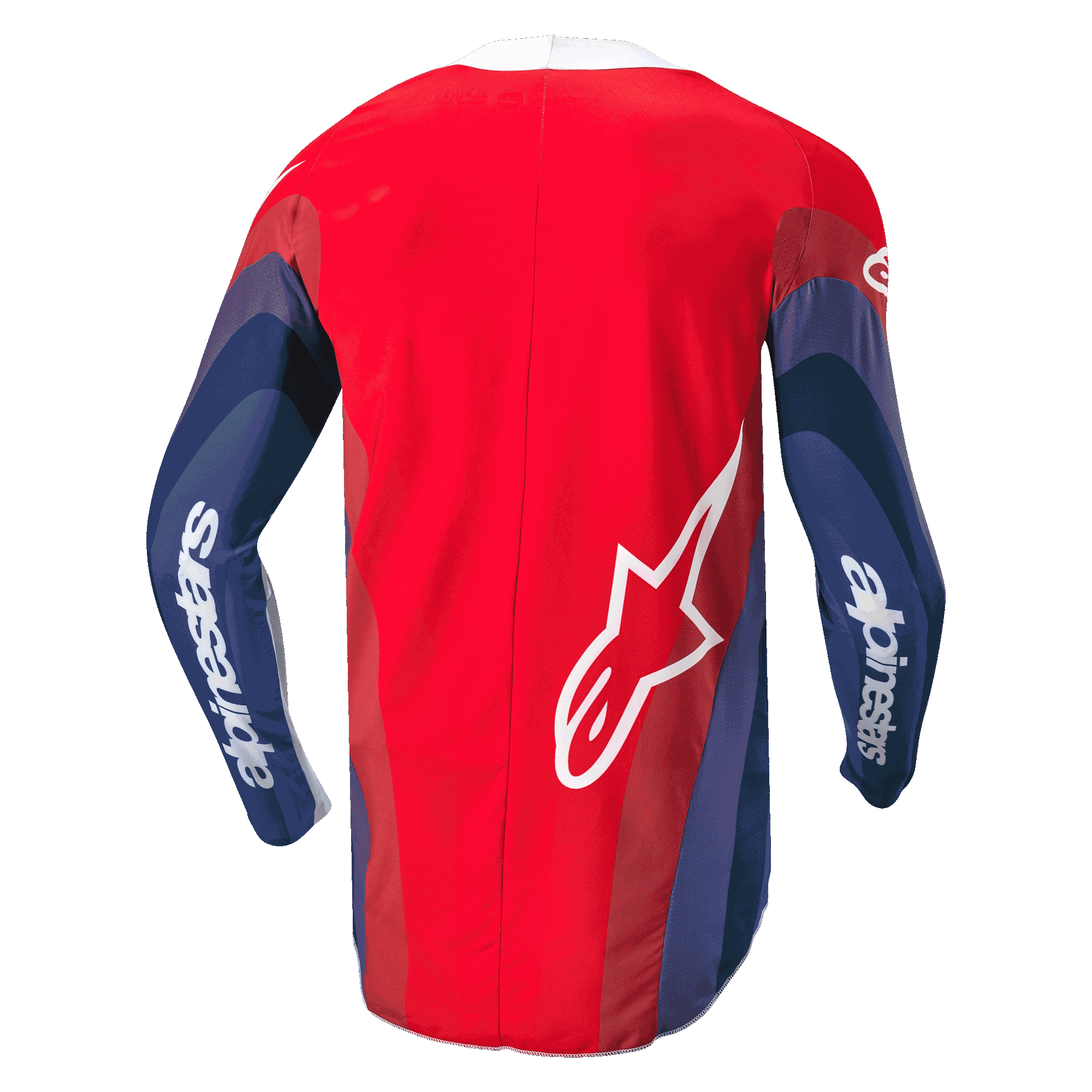 Alpinestars 2024 Techstar Pneuma Jersey, maglia da motocross, rosso, blu e bianco, vista posteriore con grafiche ondulate sulle maniche, scritta Alpinestars bianca sulle braccia e logo Astar sulla parte inferiore della schiena, design ergonomico per la guida fuoristrada