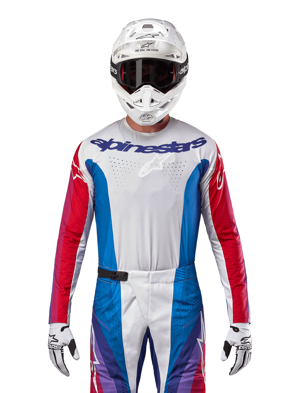 Alpinestars Techstar Pneuma Jersey 2024, maglia da motocross, Blu Mars Red e bianco, vista frontale indossata da un pilota con casco e guanti bianchi, con perforazioni al laser sul petto e loghi in evidenza, abbigliamento tecnico da gara per fuoristrada