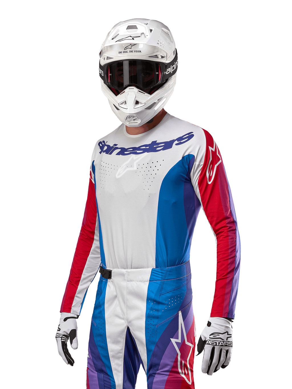 Alpinestars 2024 Techstar Pneuma Jersey, maglia da motocross, blu, rosso Mars e bianco con accenti viola, vestibilità atletica da gara, abbigliamento tecnico a maniche lunghe indossato con casco e guanti bianchi
