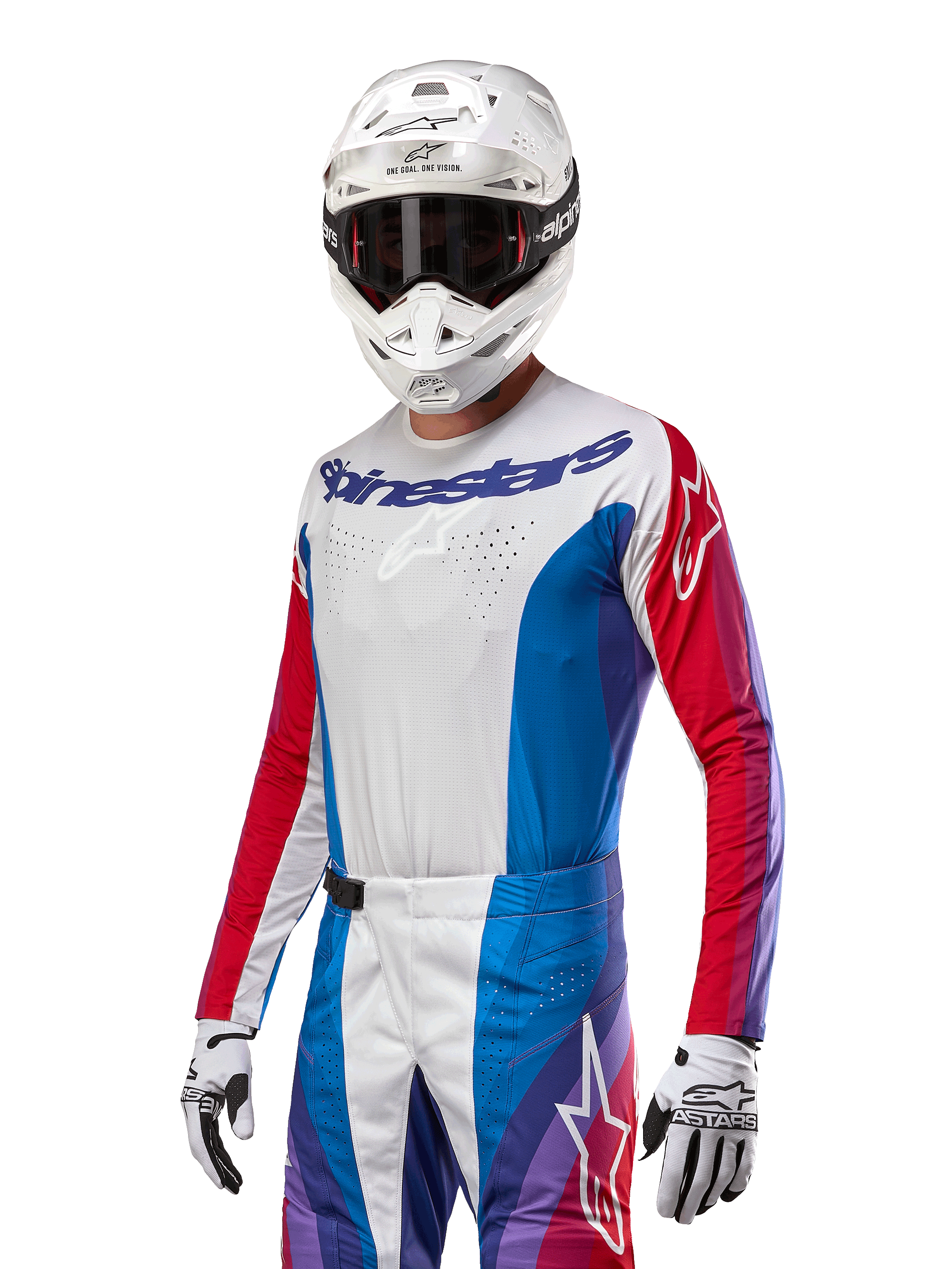 Alpinestars 2024 Techstar Pneuma Jersey, maglia da motocross, blu, rosso Mars e bianco con accenti viola, vestibilità atletica da gara, abbigliamento tecnico a maniche lunghe indossato con casco e guanti bianchi