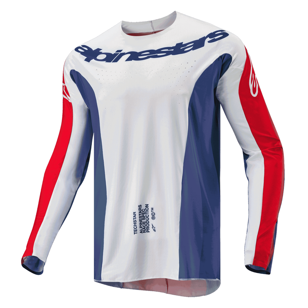 Maglia Alpinestars Techstar Pneuma 2024, maglia da motocross, blu, rosso Mars e bianco, corpo principale bianco con pannelli laterali blu e dettagli rossi sulle maniche, logo Alpinestars sul petto, vestibilità atletica leggera per corse off-road