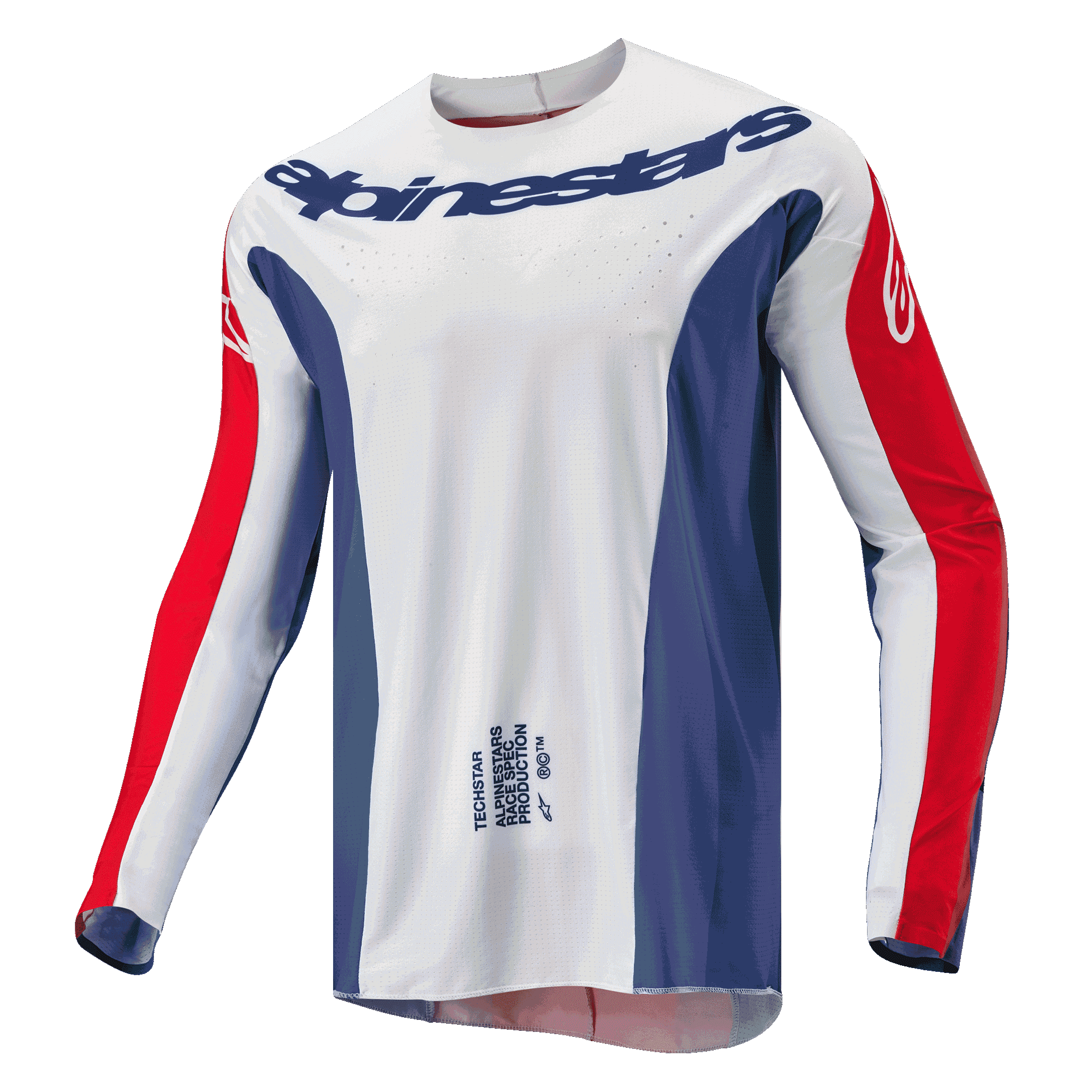 Maglia Alpinestars Techstar Pneuma 2024, maglia da motocross, blu, rosso Mars e bianco, corpo principale bianco con pannelli laterali blu e dettagli rossi sulle maniche, logo Alpinestars sul petto, vestibilità atletica leggera per corse off-road