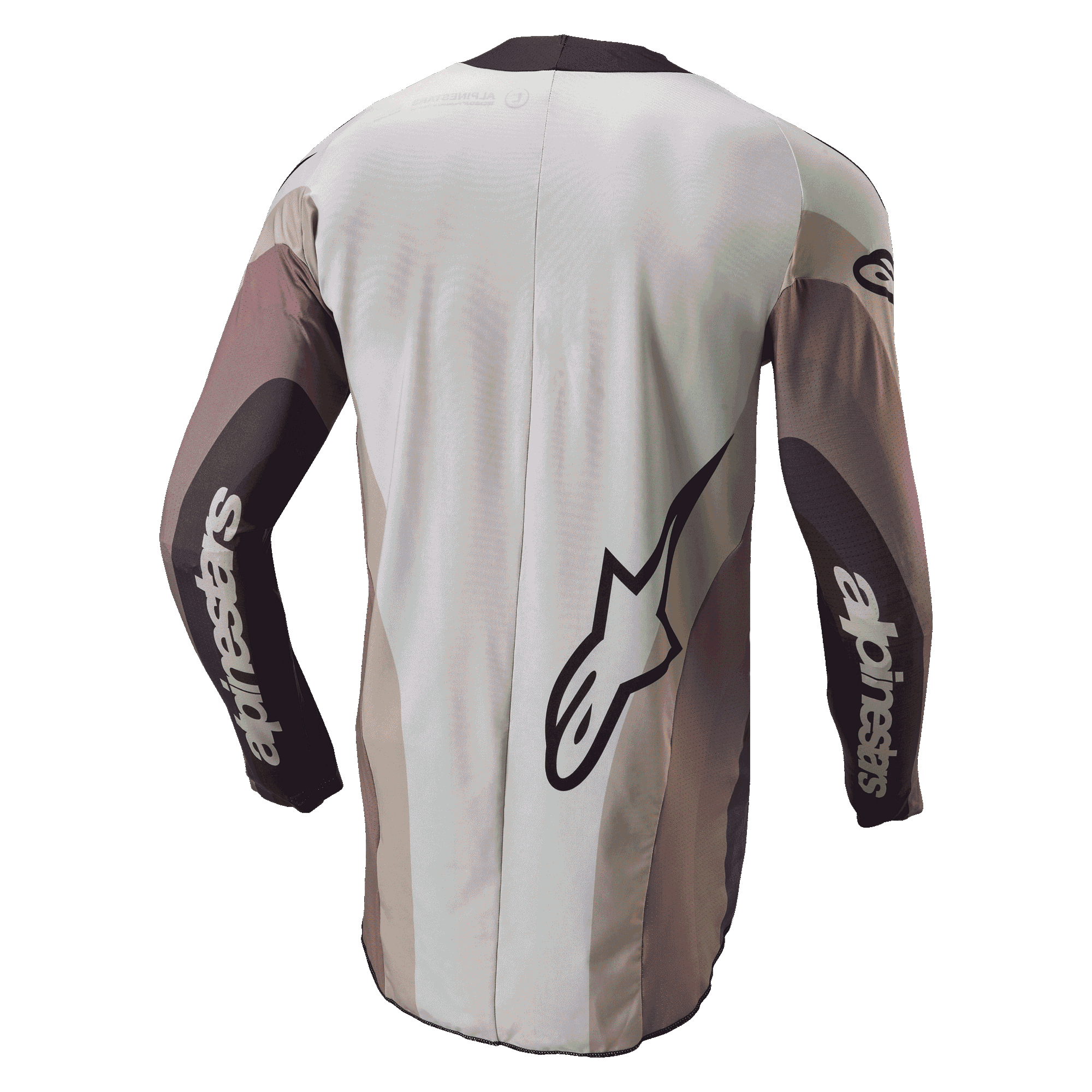 Alpinestars 2024 Techstar Pneuma Jersey, maglia da motocross, vista posteriore in grigio Dark Sand Iron Dust, con grande logo Alpinestars e branding sulle maniche, vestibilità atletica con pannelli color-block e retro allungato per una maggiore copertura.