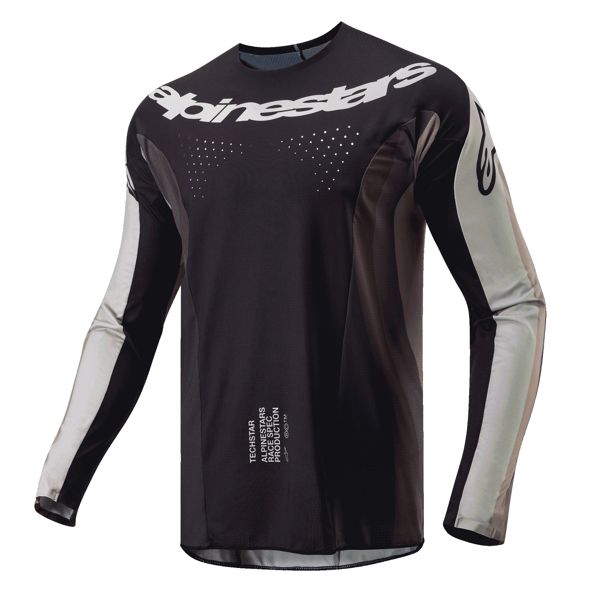 Alpinestars Maglia Techstar Pneuma 2024, maglia da motocross, Dark Sand e Iron Dust Gray, corpo principale nero con pannelli sulle maniche grigio chiaro, logo Alpinestars bianco sul petto, perforazioni di ventilazione tagliate al laser, abbigliamento tecnico per il fuoristrada