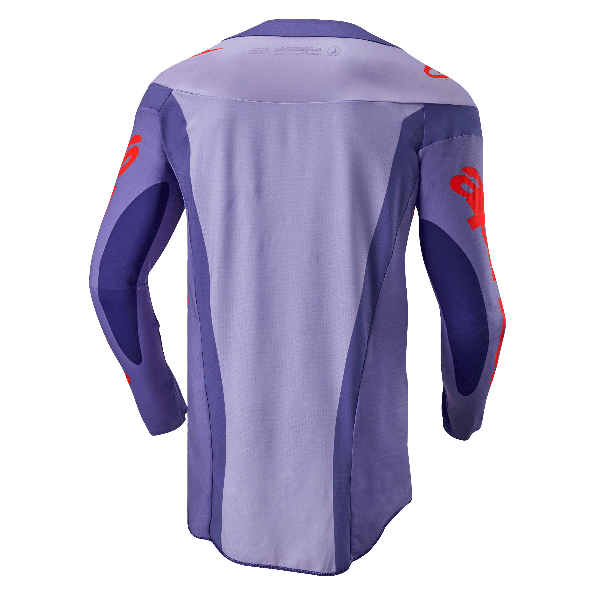Alpinestars Techstar Ocuri Jersey 2024, maglia da motocross, viola e arancione acceso, vista posteriore con design multi-pannello viola e grafiche del logo arancioni su maniche e spalle, parte posteriore allungata per prestazioni nel fuoristrada.