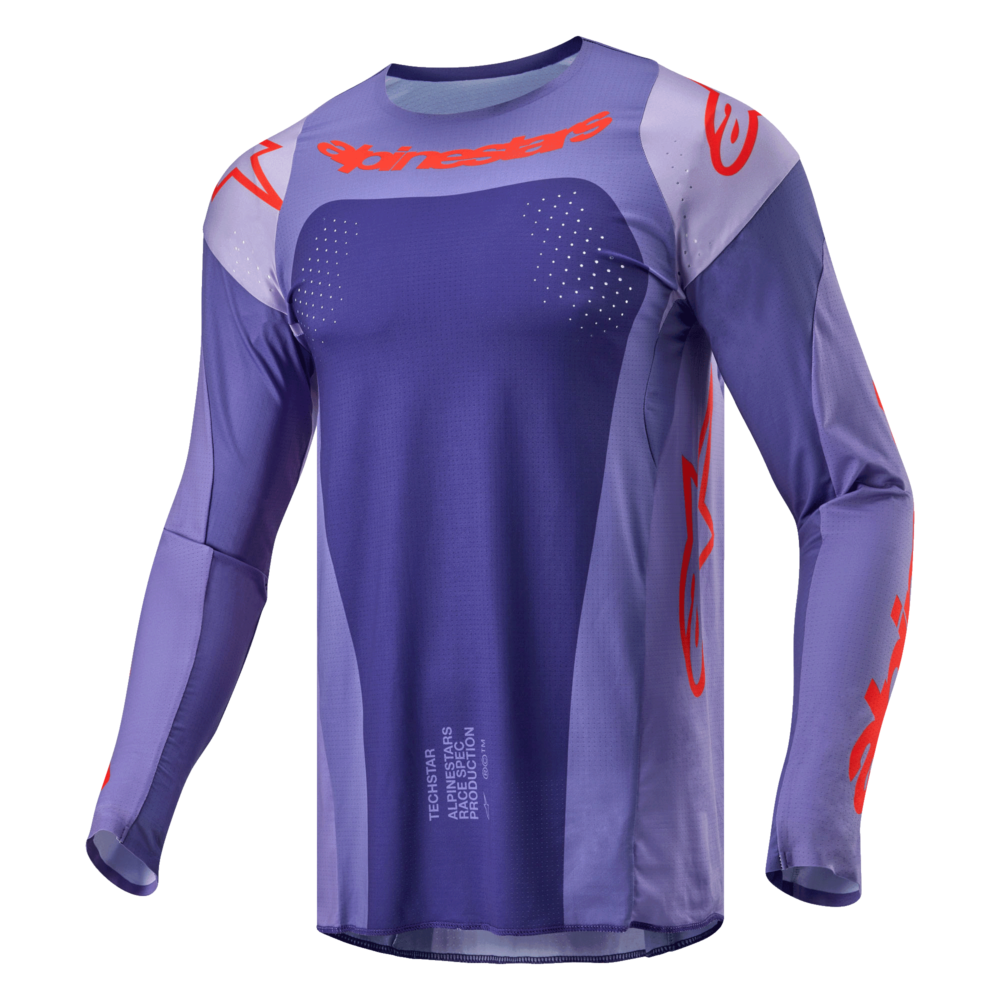 Alpinestars 2024 Techstar Ocuri Jersey, maglia da motocross, viola e arancione acceso, vestibilità atletica a maniche lunghe con traforature tagliate al laser, loghi arancioni su petto e maniche, tessuto traspirante per gare fuoristrada