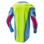 Alpinestars Maglia Techstar Ocuri 2024, maglia da motocross, azzurro, giallo fluo e rosso berry, vista posteriore con pannello giallo neon brillante, maniche azzurre con accenti rosso berry, vestibilità atletica ergonomica per prestazioni fuoristrada