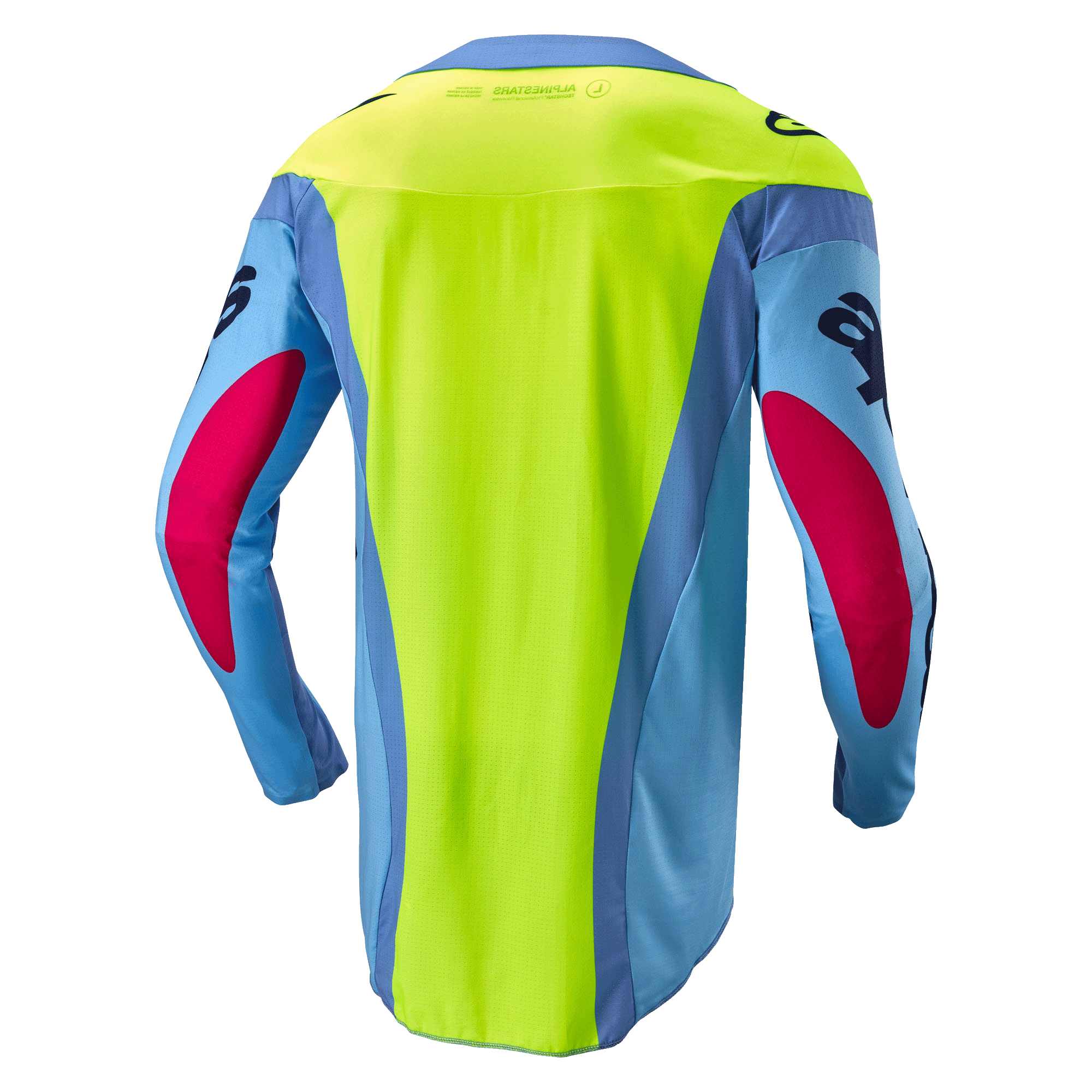 Alpinestars Maglia Techstar Ocuri 2024, maglia da motocross, azzurro, giallo fluo e rosso berry, vista posteriore con pannello giallo neon brillante, maniche azzurre con accenti rosso berry, vestibilità atletica ergonomica per prestazioni fuoristrada