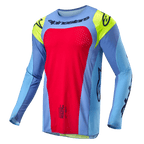 Alpinestars Techstar Ocuri Jersey 2024, maglia da motocross, azzurro con dettagli Red Berry e Giallo Fluo, loghi neri e traforatura al laser per la ventilazione, vestibilità atletica per prestazioni off-road
