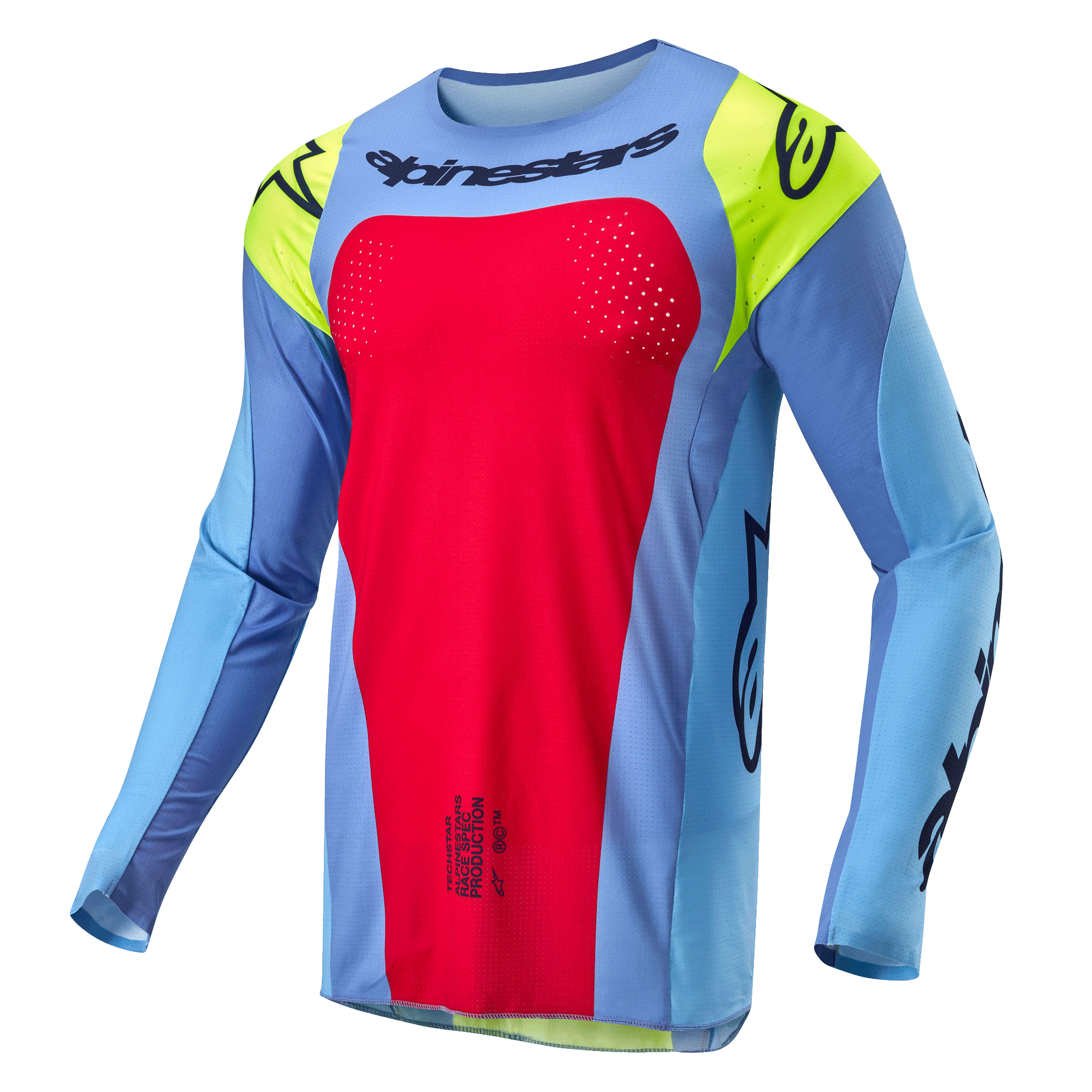 Alpinestars Techstar Ocuri Jersey 2024, maglia da motocross, azzurro con dettagli Red Berry e Giallo Fluo, loghi neri e traforatura al laser per la ventilazione, vestibilità atletica per prestazioni off-road