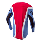Alpinestars Techstar Ocuri Jersey 2024, maglia da motocross, azzurro, rosso Marte e bianco, vista posteriore che mostra la vestibilità atletica da gara, parte posteriore allungata e grafiche nere sulle maniche