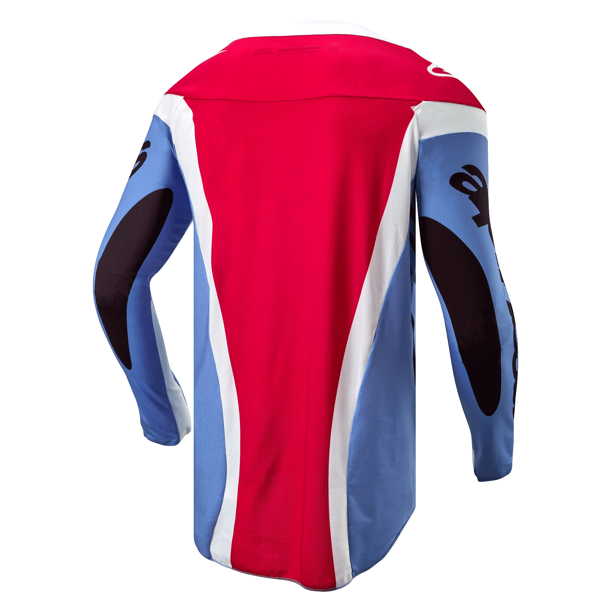 Alpinestars Techstar Ocuri Jersey 2024, maglia da motocross, azzurro, rosso Marte e bianco, vista posteriore che mostra la vestibilità atletica da gara, parte posteriore allungata e grafiche nere sulle maniche